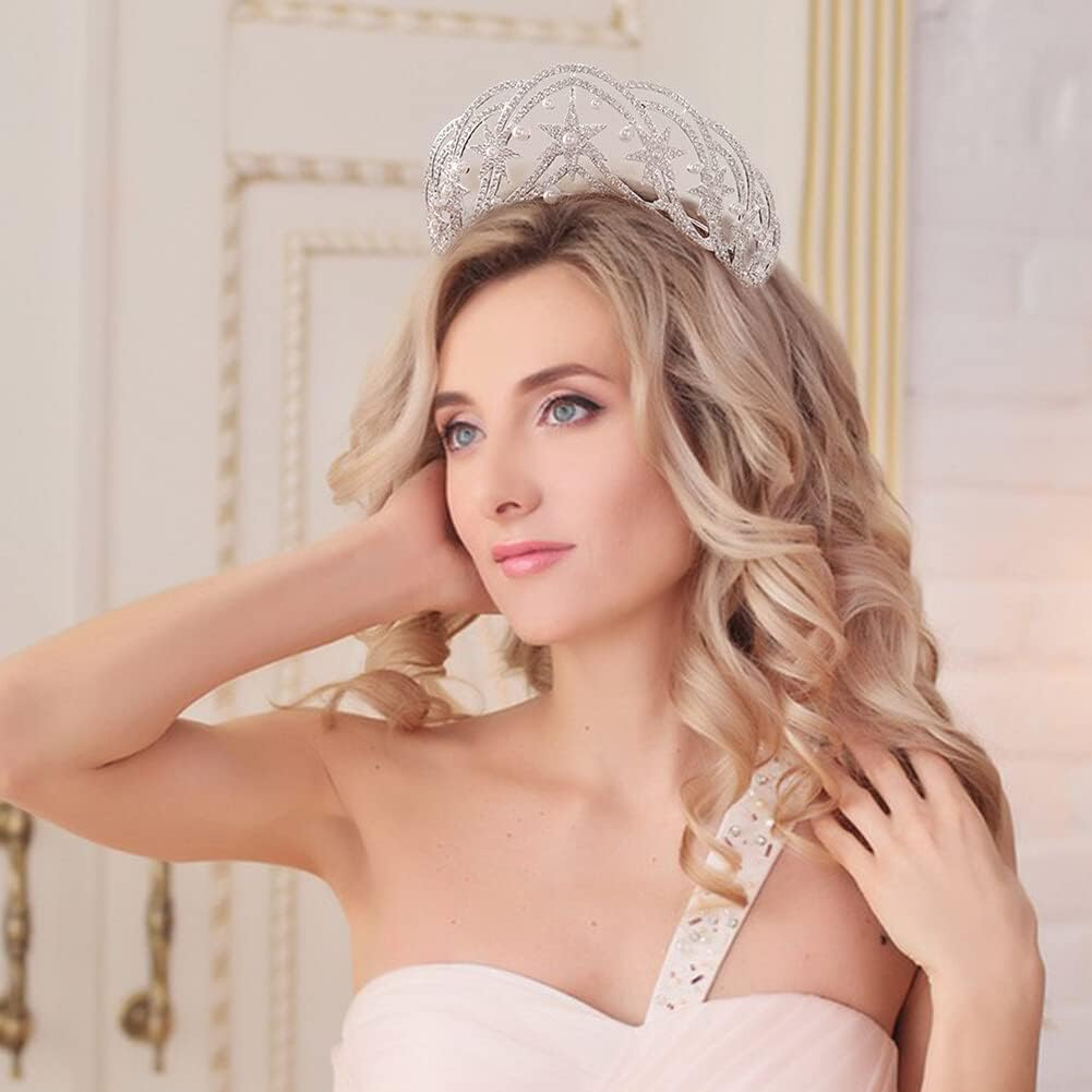 Star Queen Headband Bridal Crown with Rhinestone and Pearl Hair Jewelry for Women Girls Wedding Birthday Photo Prop