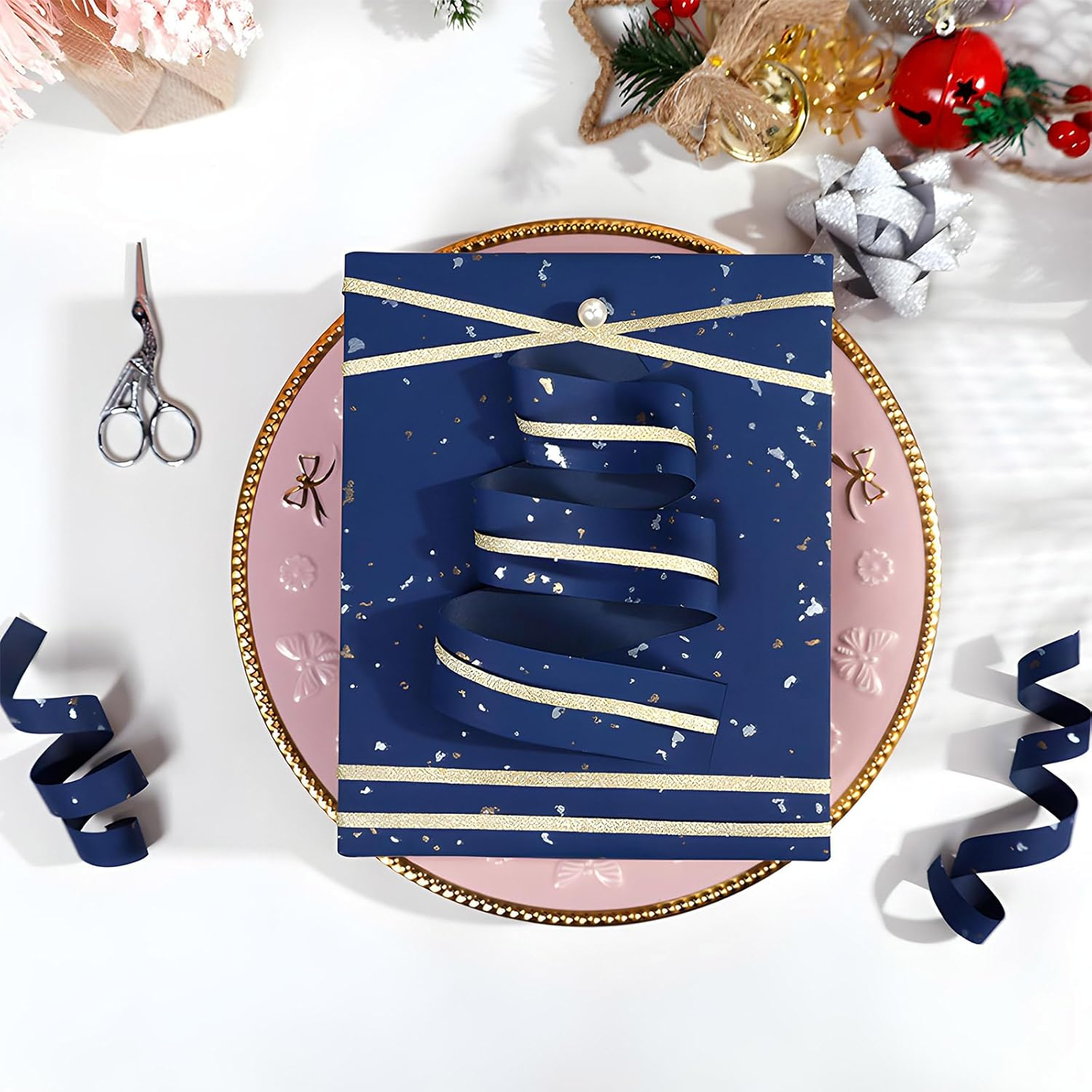 Taefuhnn Large Navy Blue Gift Wrapping Paper Roll 17 Inch X 32.8 Feet, Gold Silver Foil Design, 10 Meter Gift Wrap Paper Roll for Christmas Birthday Anniversary Celebration Fathers Day Baby Shower Boy image number 2