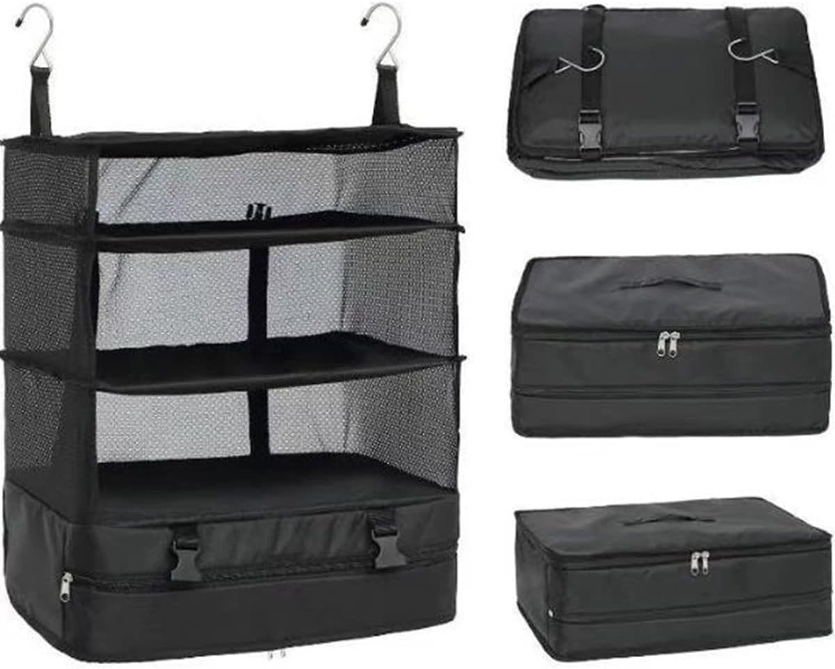 Portable Hanging Travel Shelves Bag, 3-Shelf Suitcase Packing Cubes Organizer with 2 Hooks, Large Capacity Collapsible Closet Storage Bag Space Saver for Wardrobe Suitcase Carry on (A) image number 3
