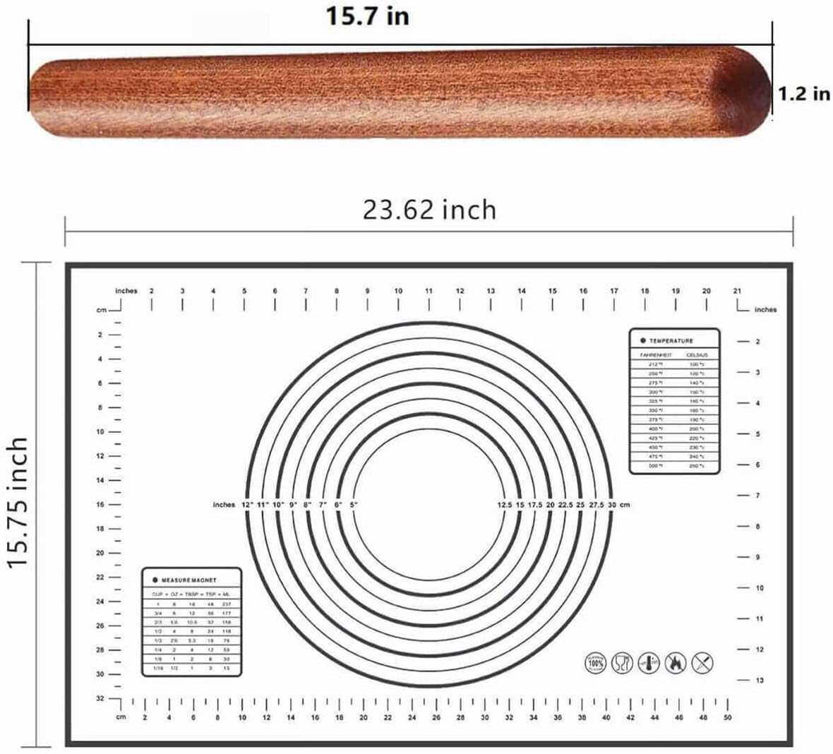 NASNAIOLL Rolling Pin and Pastry Baking Mat Set,Wood Rolling Pin for Baking,Silicone Baking Mat,Non-Stick French Rolling Pin and Dough Rolling Mat Ideal for Bread,Cookie,Tortillas,Pasta,Pizza (Black)&hellip; image number 4