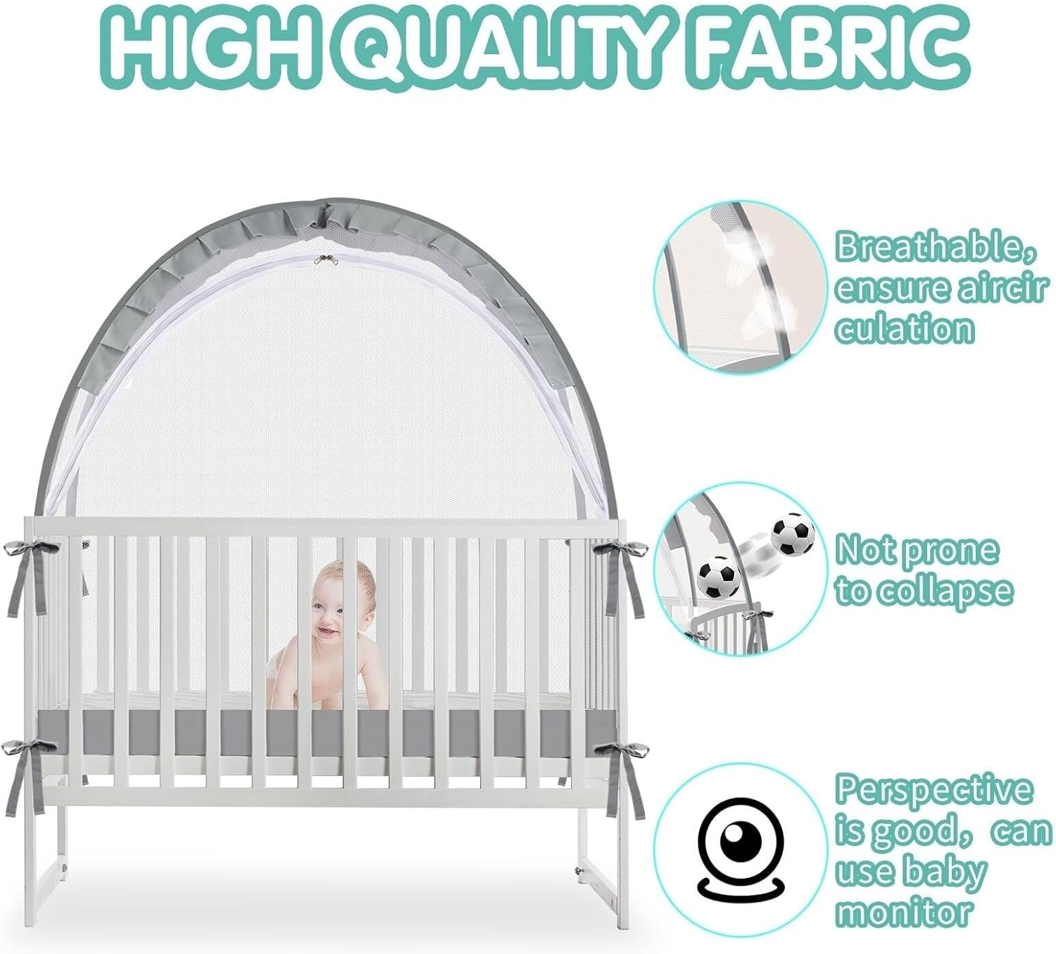 Safety Pop up Crib Tent, Fine Mesh Netting Cover to Keep Baby from Climbing Out, Falls and Mosquito Bites, Safety Net, Canopy Netting Cover - Sturdy & Stylish Infant Crib Topper, Baby Bed Tent(Grey La