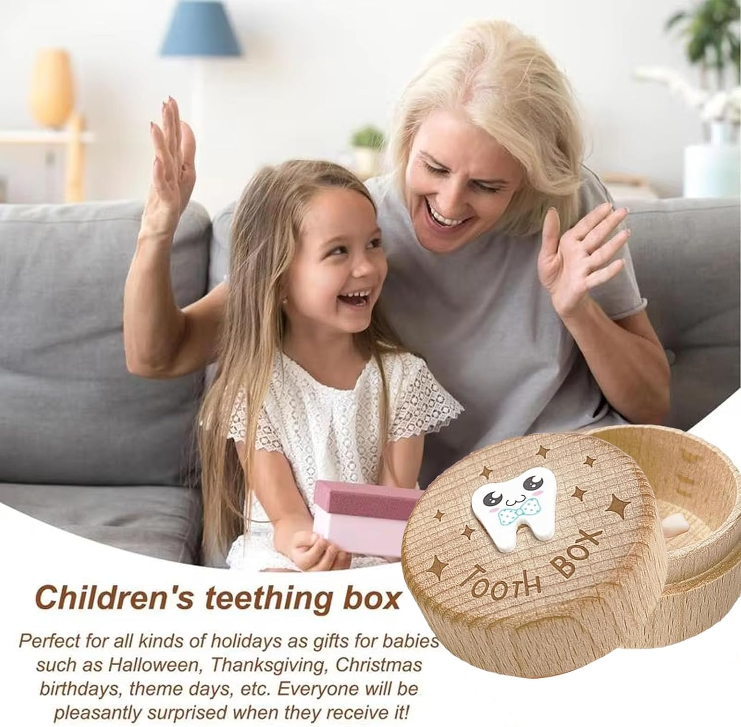 3D Carved Tooth Fairy Pillow Box for Lost Teeth Wooden Keepsake Storage Box, Unique Birthday for Boys Girls Kids, Baby First Tooth Holder with Handmade Carving Design image number 3