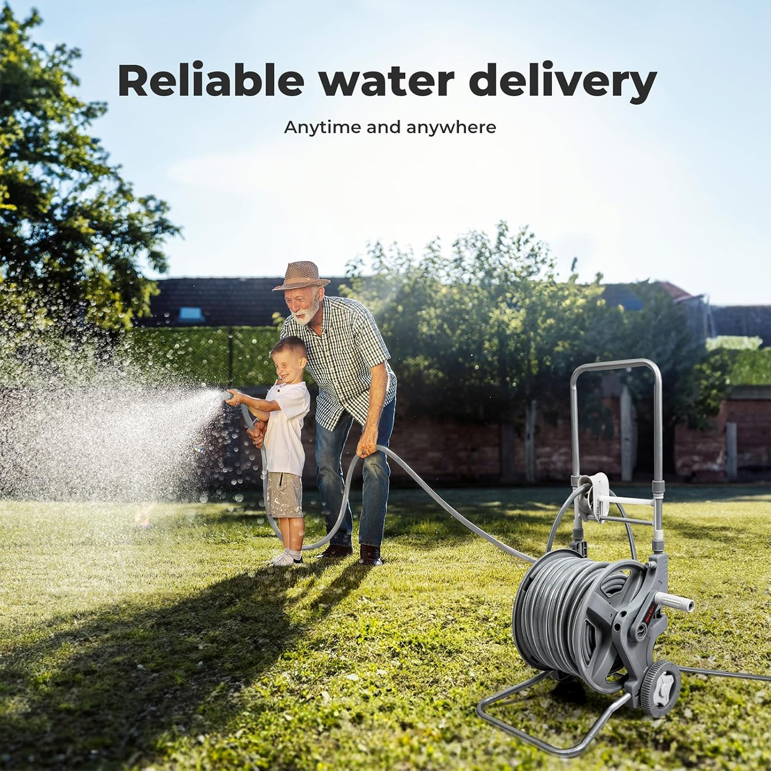 Traderight 45M Portable Water Hose Reel Holder, 1/2'', 2 Nozzle Modes, Self-Closing Water Pipe Valve, Push Cart with Stable Wheels, Garden Watering Car Washing Pet Bathing, PP PVC Material, Outside image number 3