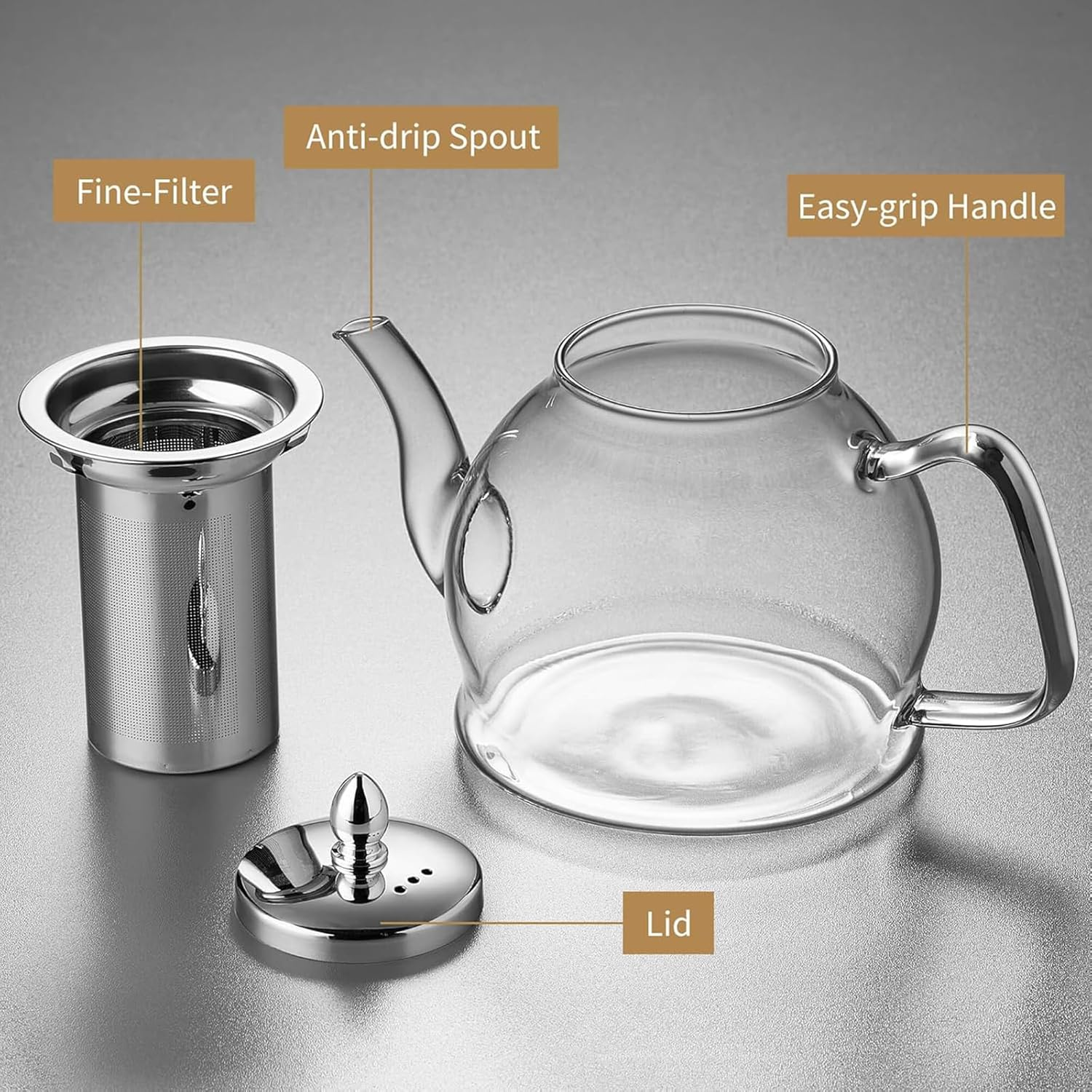 1200Ml Glass Teapot Stovetop,Clear Glass Tea Pot Stovetop Safe with Removable Infuser for Teapot Blooming and Loose Leaf Maker Tea Brewer Camping, Travel (Clear) image number 3