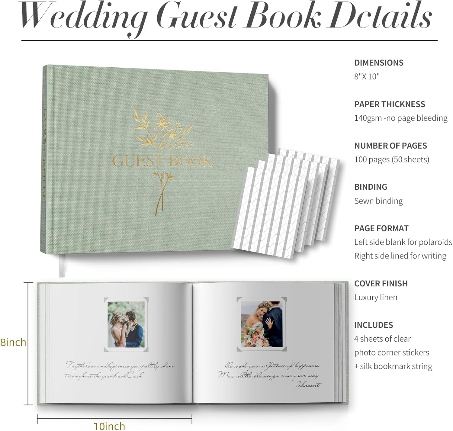Wedding Guest Book for Memorial Service with 216 Photo Corners Stickers, Linen Guestbook to Sign at Bridal Shower or Wedding Reception Party,100 Pages, Blank Thick Paper Books for Baby Shower- Sage image number 1