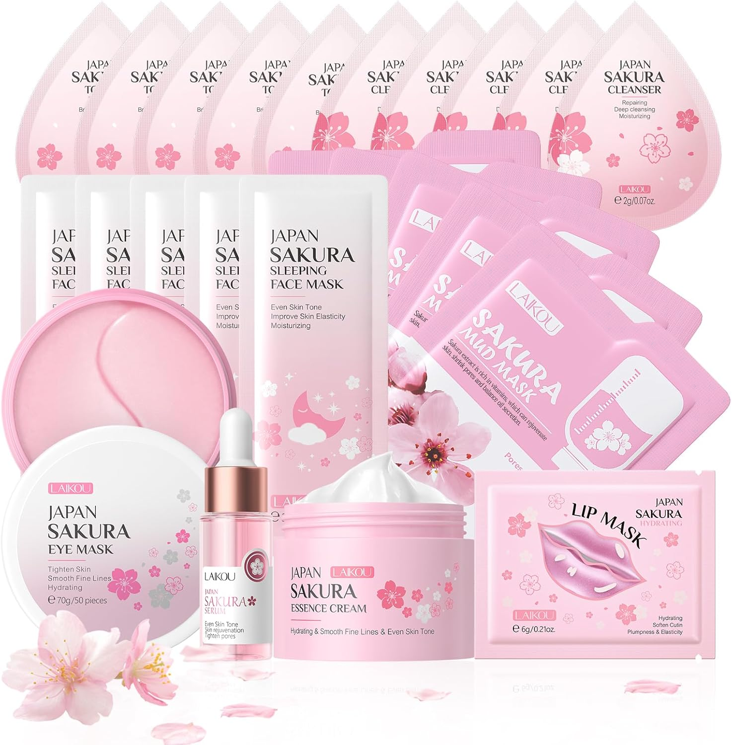 LAIKOU Beauty Gifts for Women, Skincare for Teenage Girls, Sakura Skin Care Set, Facial Skin Care Products - Toner, Cleanser, Face Serum, Cream, 2 Type Facial Mask, Eye & Lip Mask, 24PCS image number 2