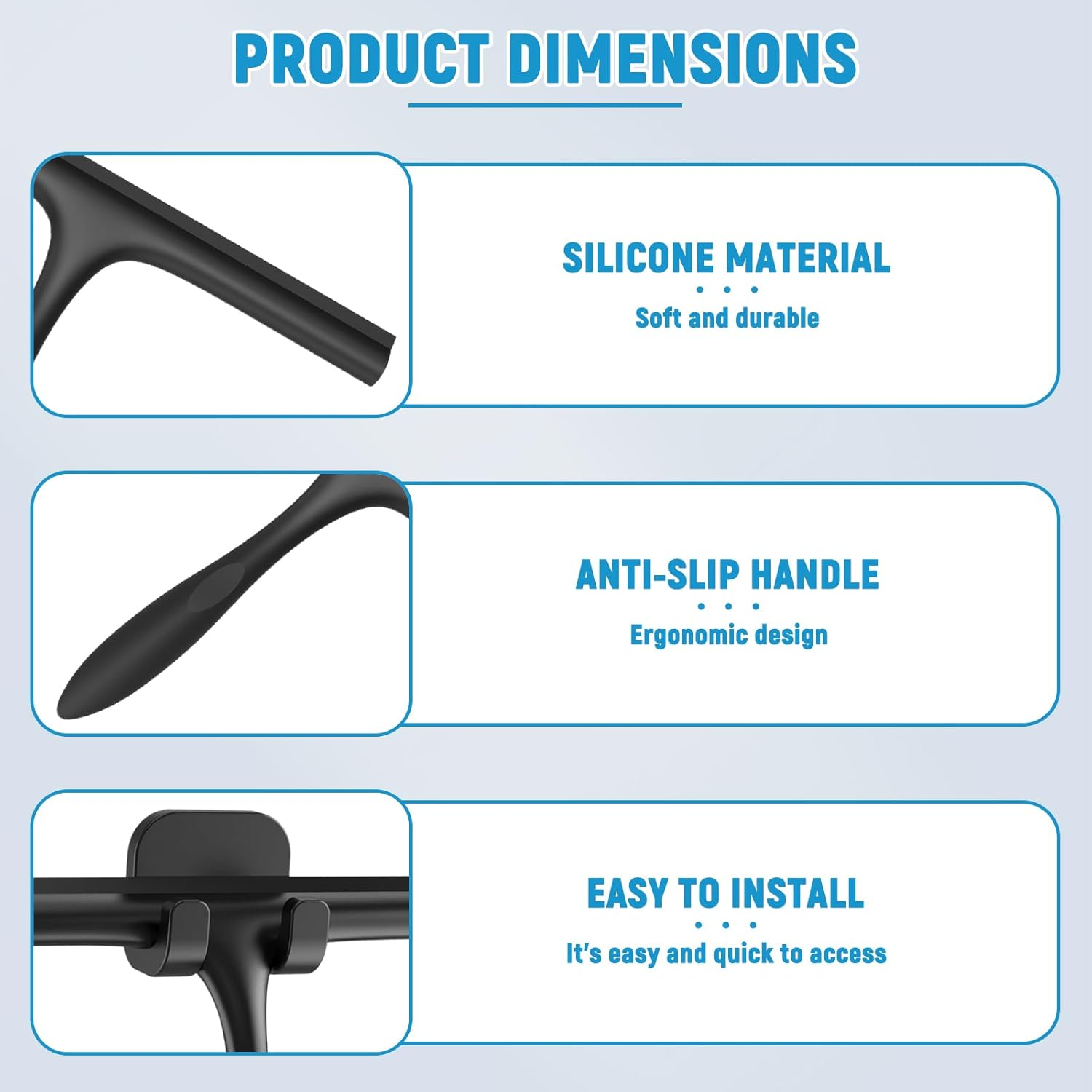 Silicone Shower Squeegee, Black, Shower Squeegee, Window Squeegee Shower with Holder, Bathroom Accessories, Mounting No Drilling, for Shower, Bathroom, Mirror, Glass Cleaning, Tile image number 1