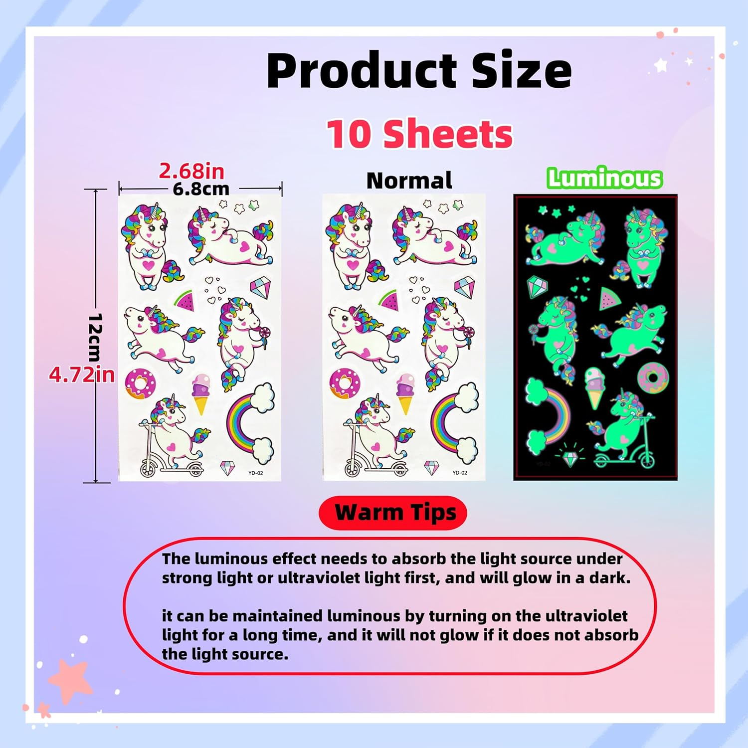10 Sheets Children'S Tattoos Girls, Fairy Unicorn Tattoos Girls Children'S Birthday Party Favours Gift Girls 3 4 5 6 7 8 9 10 Years Toy Girls Luminous Tattoos Children Butterfly Decoration Birthday - Colour-E image number 7