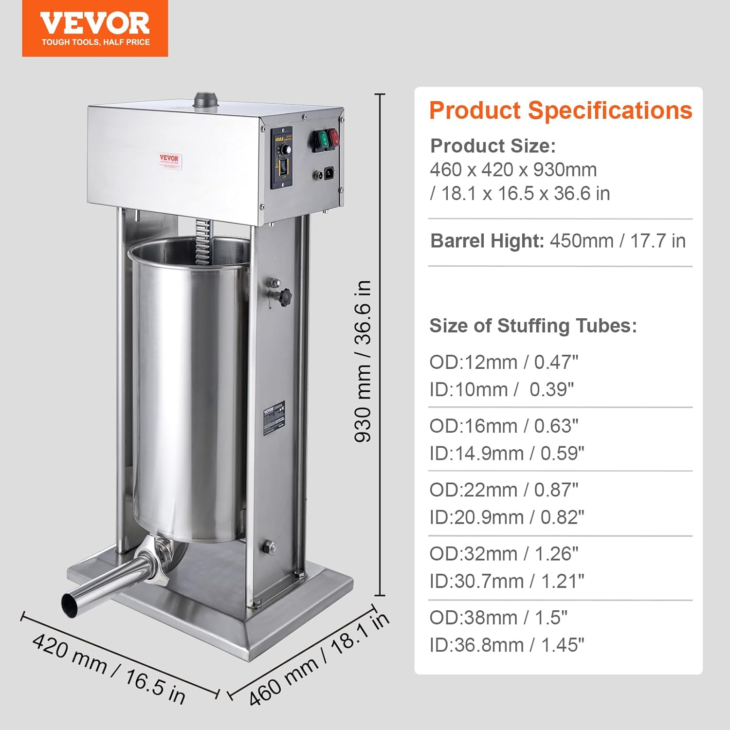 VEVOR Electric Sausage Stuffer, 25 L / 55 LBS Vertical Meat Stuffer, 400W Motor, Stepless Speed Control and Foot Pedal, Made of Food-Grade 304 Stainless Steel, 5 Stuffing Tubes for Home, Commercial