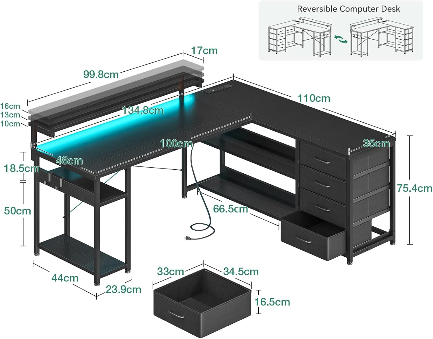 ODK L Shaped Desk with 4 Drawers, Corner Gaming Desk with LED Lights & Power Outlets, Reversible Home Office Computer Desk with Monitor Shelf,135 * 112.1 * 91.2Cm, Black image number 5