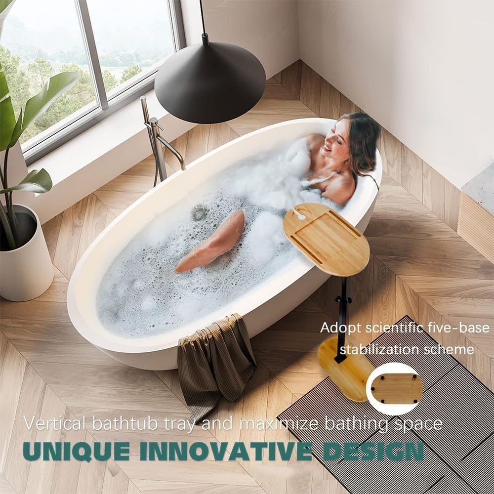 Bamboo Bathtub Tray Table with Adjustable Height, Couch Table Traies for Small Place, Tray Tub Shelf for Luxury Bath Home Spa, Functional Traies, 360&deg;Swivel Tray Tables, Bathtub Side Tables