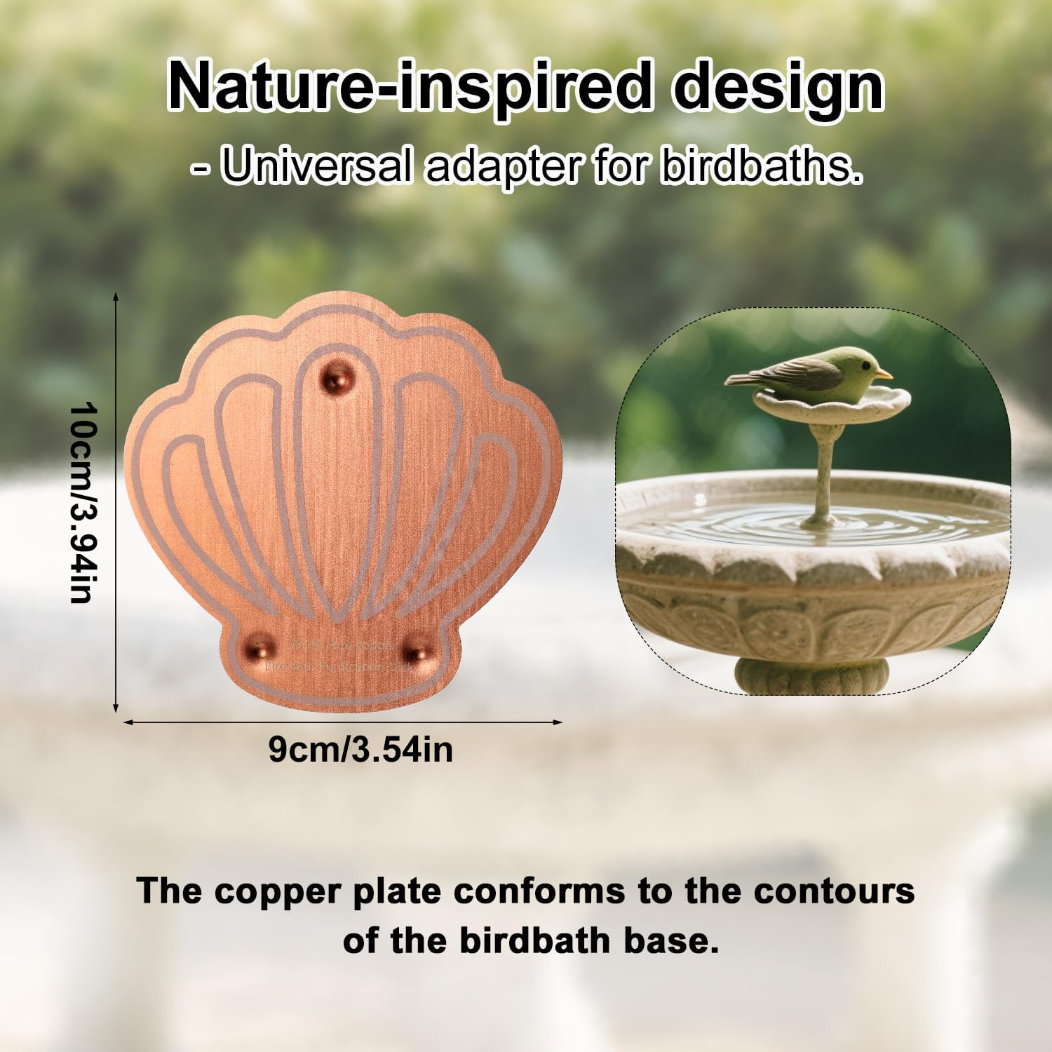 Bird Bath Copper Disk, Shell Shape Reinforced Copper Purification Disk with Triple-Point Practical Bird Bath & Bowls Cleaner for Outdoor All-Season Use image number 5