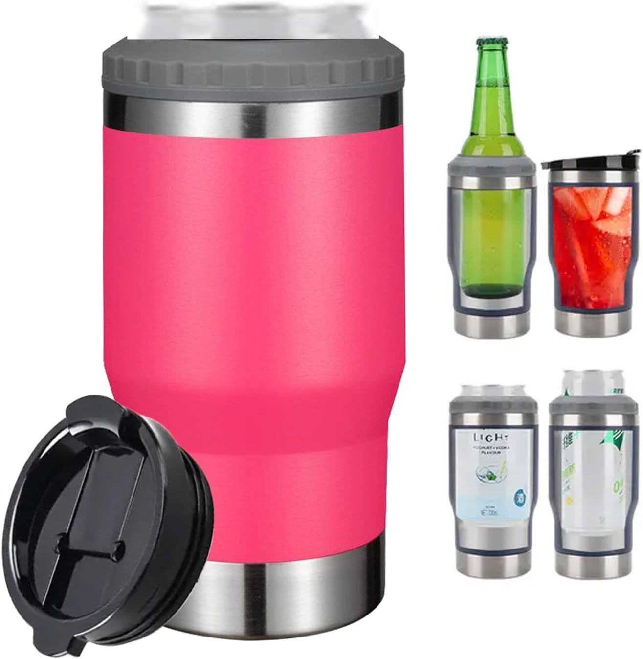 4 in 1 Travel Mug and Can Insulator for 12 Oz Can and Beer Bottle. Stainless Steel Vacuum Insulated Cup and Thermocooler. (Red)