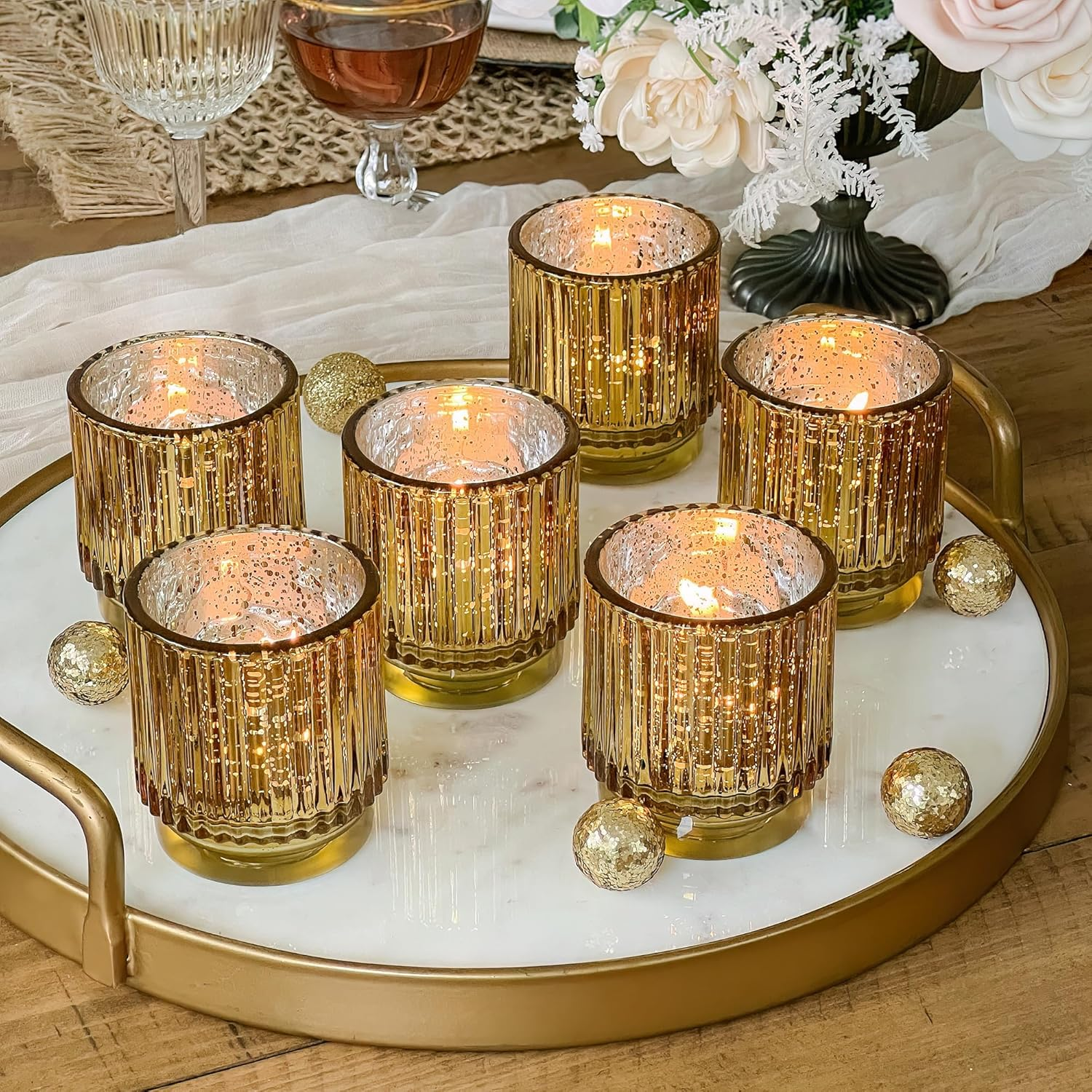 Kate Aspen Vintage Ribbed Amber Glass Tealight & Votive Candle Holders (Set of 6), Fall Decor, Boho Decor, Shelf Decoration (27206AB)