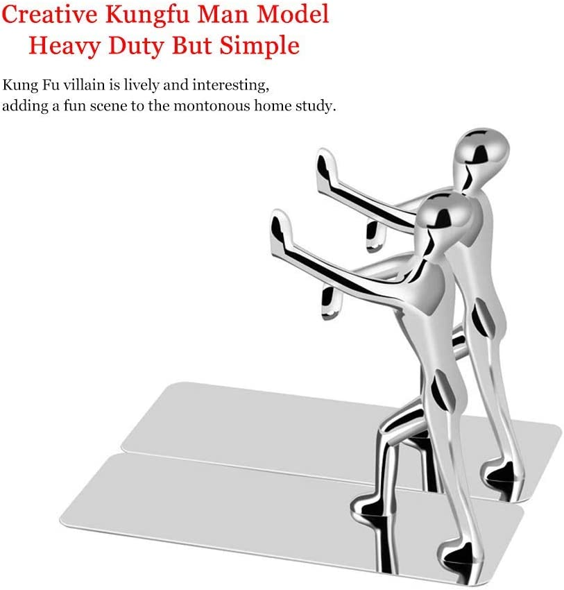Merrynine Heavy Duty Bookends, 2 Pack Stainless Steel Kung Fu Man Book End, Creative Metal Book Shield for Home Office Library Decoration,Fashion Gift image number 6