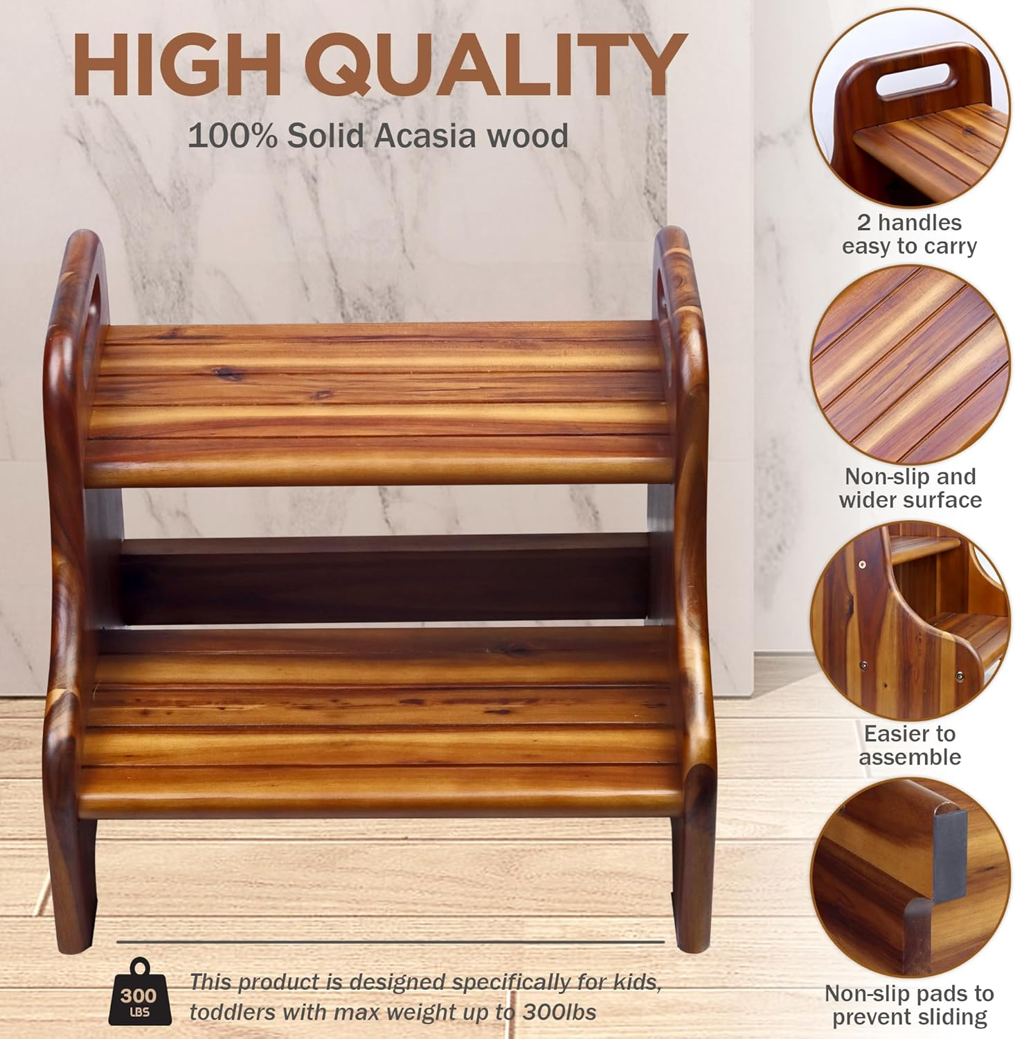 Wood Step Stool for Kids and Toddlers, Natural Acacia Solid Wood, Portable 2 Handles, Wider 2 Steps, Safe Non-Slip Bottom, Rounded Corners, Supports up to 300 Lbs, Perfect for Children (Natural) image number 2