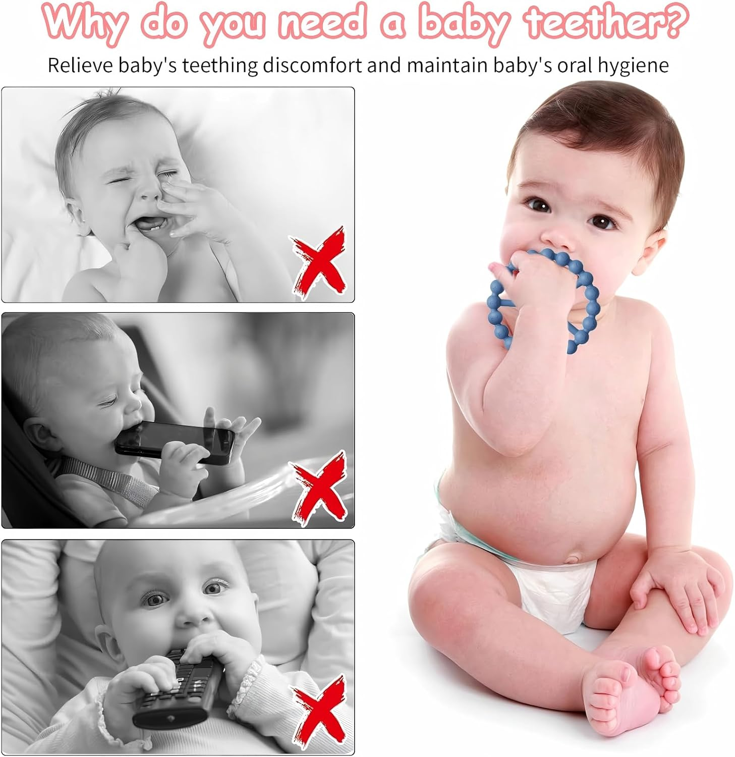 3 Pack Ring Teether Baby Infant Toys, Silicone Teething Ring Toys for Baby Teethers 6-12 Months 12-24 Months, Easy to Grasp Toy, Baby Teething Relief, BPA Free Newborn Accessories (Blue Pink Beige) image number 6