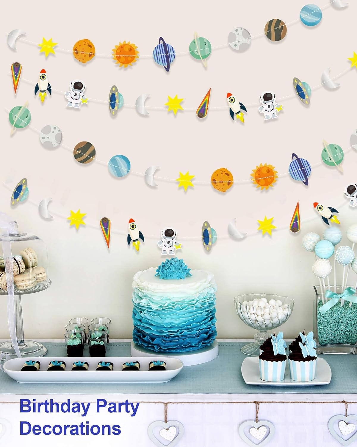 Galaxy Solar System Hanging Paper Garland, Astronauts Rockets Stars Hanging Decoration, Blast off to Outer Space Banner for Kids Bedroom Birthday Party Decor Supplies - Blue,Silver image number 7