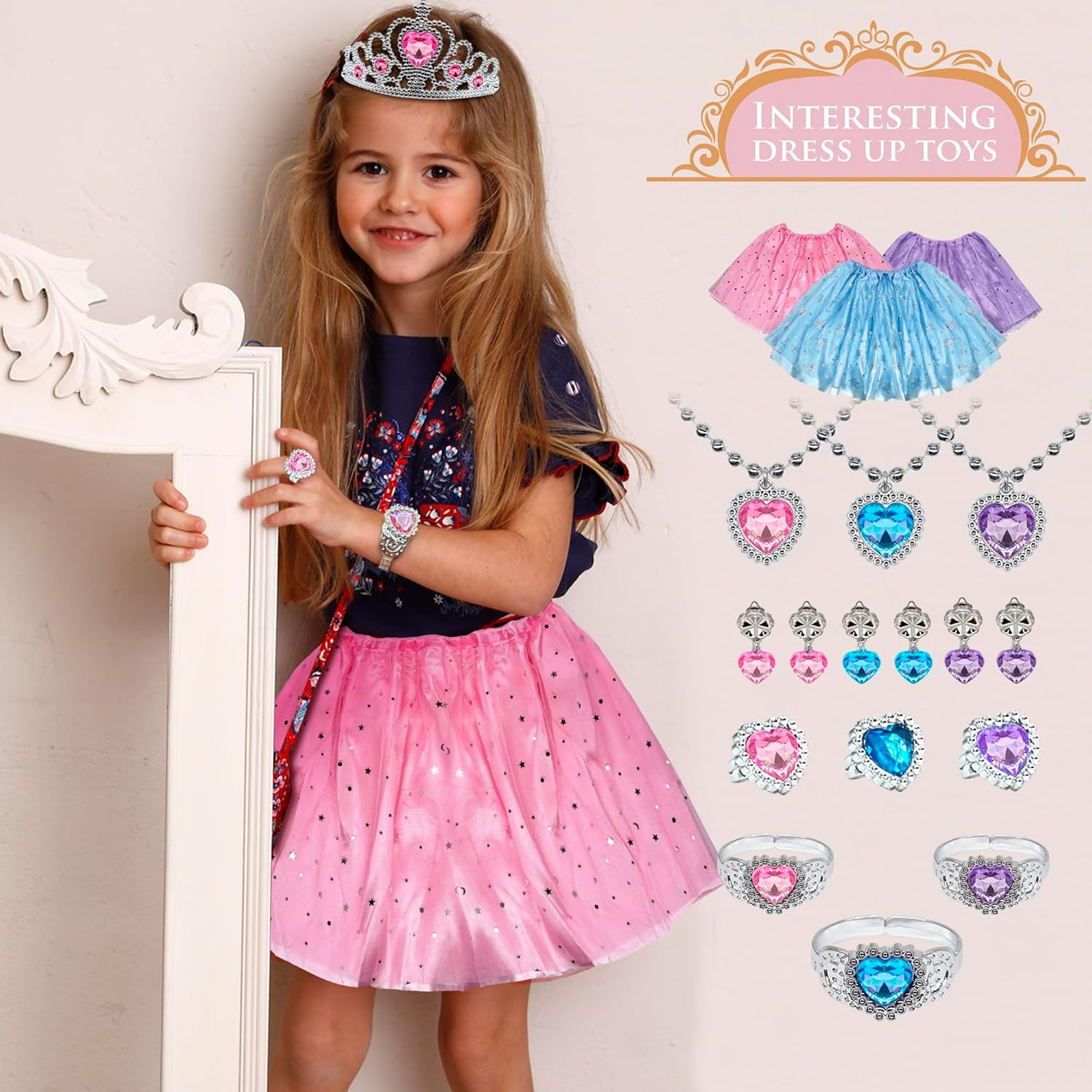 Princess Dress up Shoes Jewelry Set, Toys for Girls Shoes Costumes Set Incl Color Skirts, Shoes, Crowns, Earring, Bracelet, Ring, Kids Christmas Party Role Play Birthday Gifts for 3-6 Year Old Girl