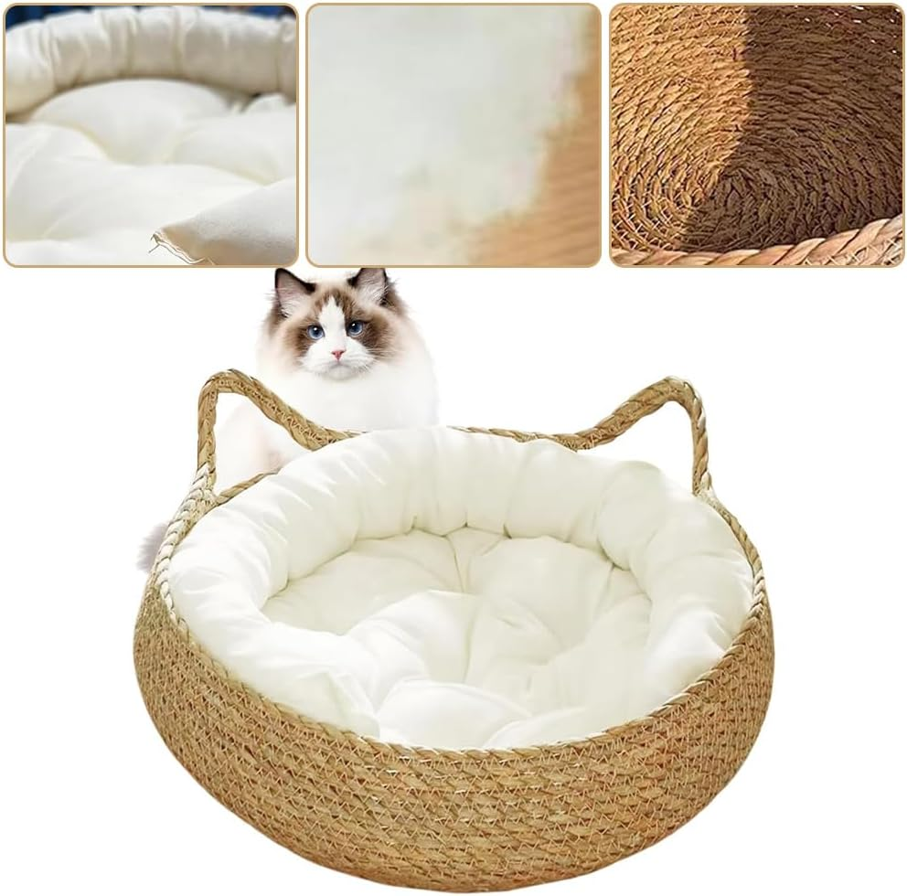 Handmade Woven Straw Cat Bed, Natural Cattail Leaf Nest with Soft Removable Cushion, round Basket Pet House for Cats, Kittens, Small Dogs and Rabbits image number 3