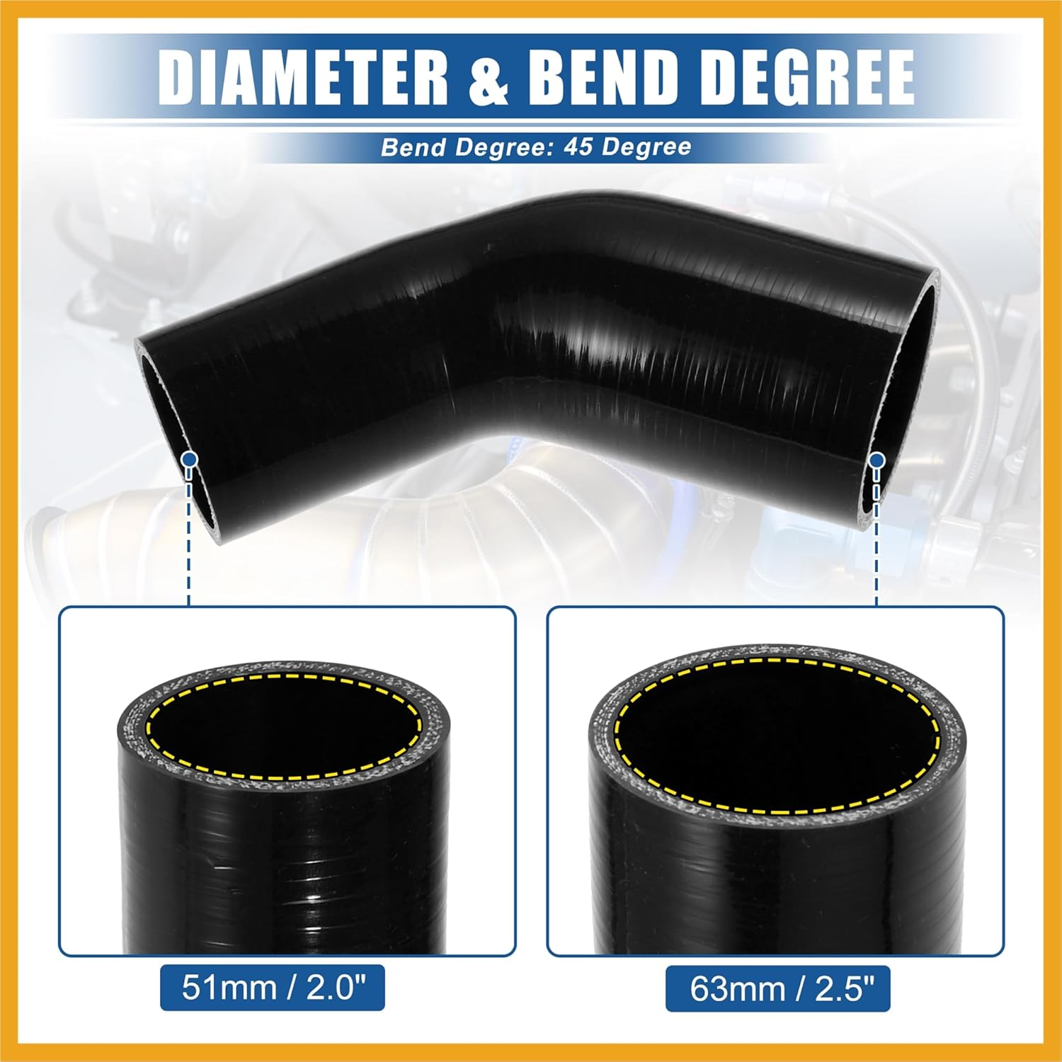 45 Degree 2.0 Inch to 2.5 Inch ID 4Ply Car Elbow Reducer Silicone Hose Coupler Intercooler Tube Intake Piping Black 51-63Mm image number 1