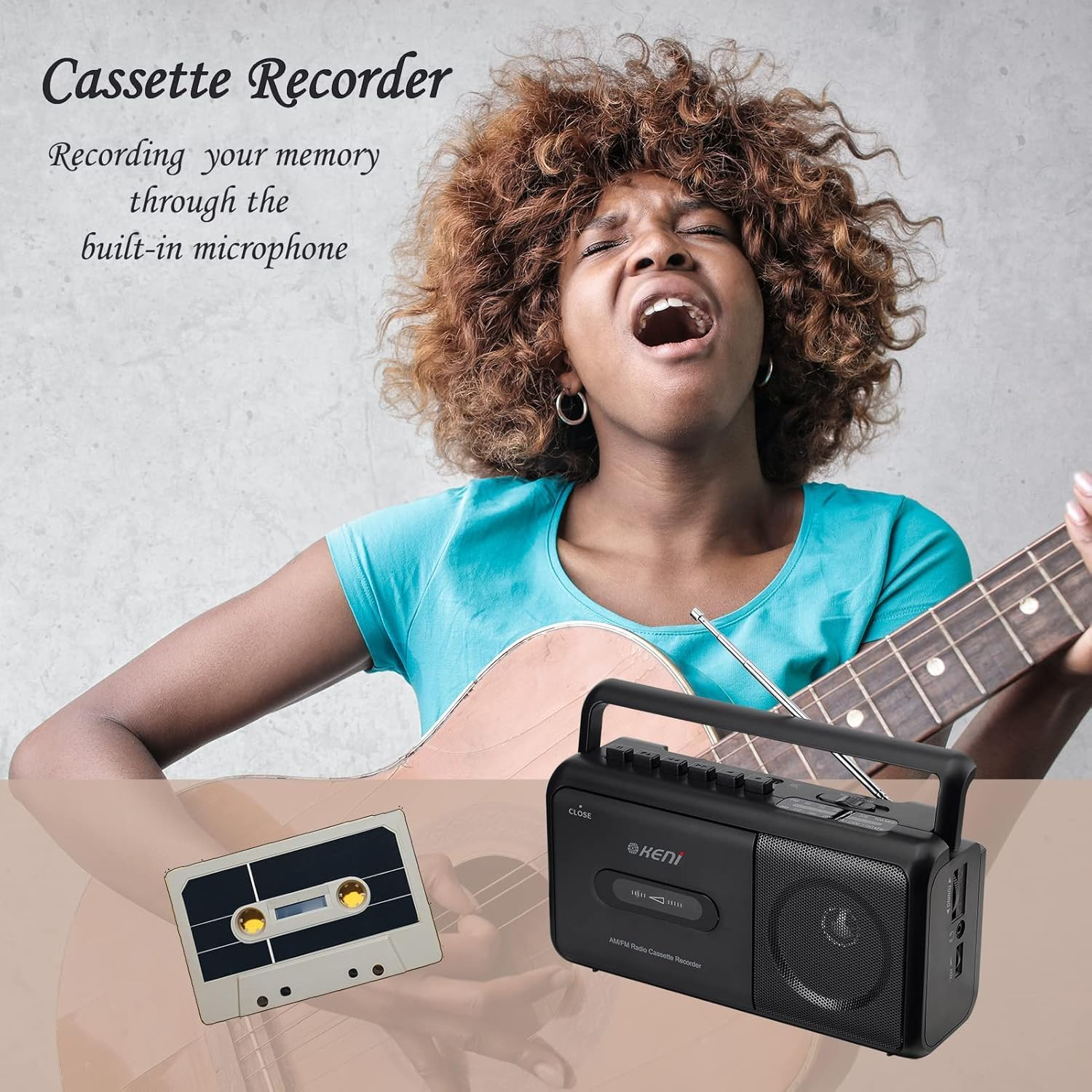 G Keni Portable Cassette Player Boombox with AM/FM Radio Stereo, Cassette Recorder, Headphone Jack, Battery or Mains Power, Black, Stereo Output, Auxiliary Connectivity image number 5