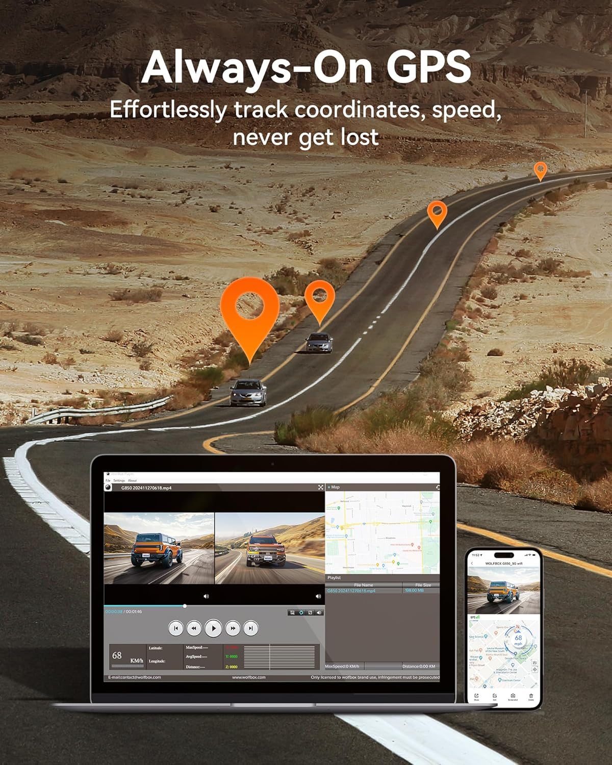 WOLFBOX G850 12" 4K Mirror Dash Cam Front and Rear with 5.8Ghz Wifi and Voice Control, Smart Mirror Dash Camera with 1080P Rear Camera, Dash Cam with WDR, Includes 64GB Card & GPS image number 4