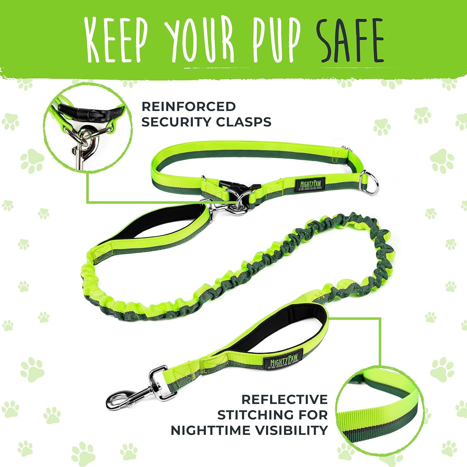 Mighty Paw Hands Free Bungee Leash 2.0 | 4&rsquo; Dog Lead W/Dual Padded Traffic Handles for Running, Hiking & Jogging. Wearable Belt (27-48&rdquo; Waistband) W/ 2 Attachment Loops. Pets up to 150Lb (Green) image number 6