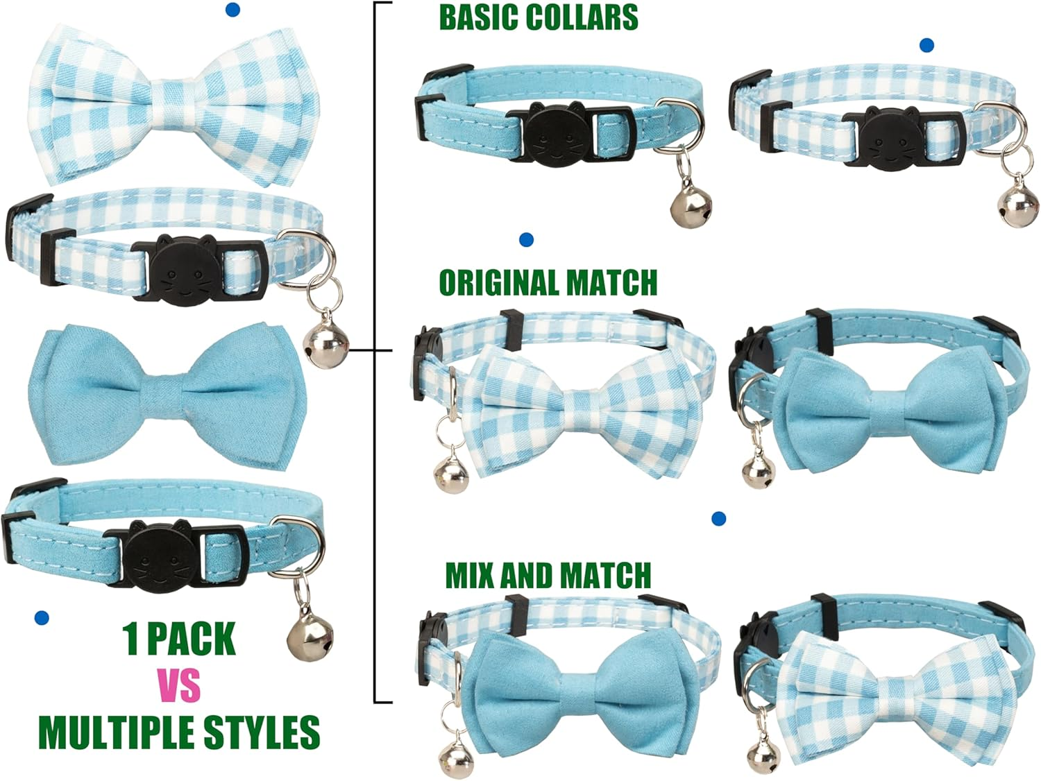 Gyapet Cat Collar Breakaway with Bell Boy Girl Kitten Bow Tie Safety Plaid Solid Color Set Cute Soft Summer [2Pcs] Blue image number 3
