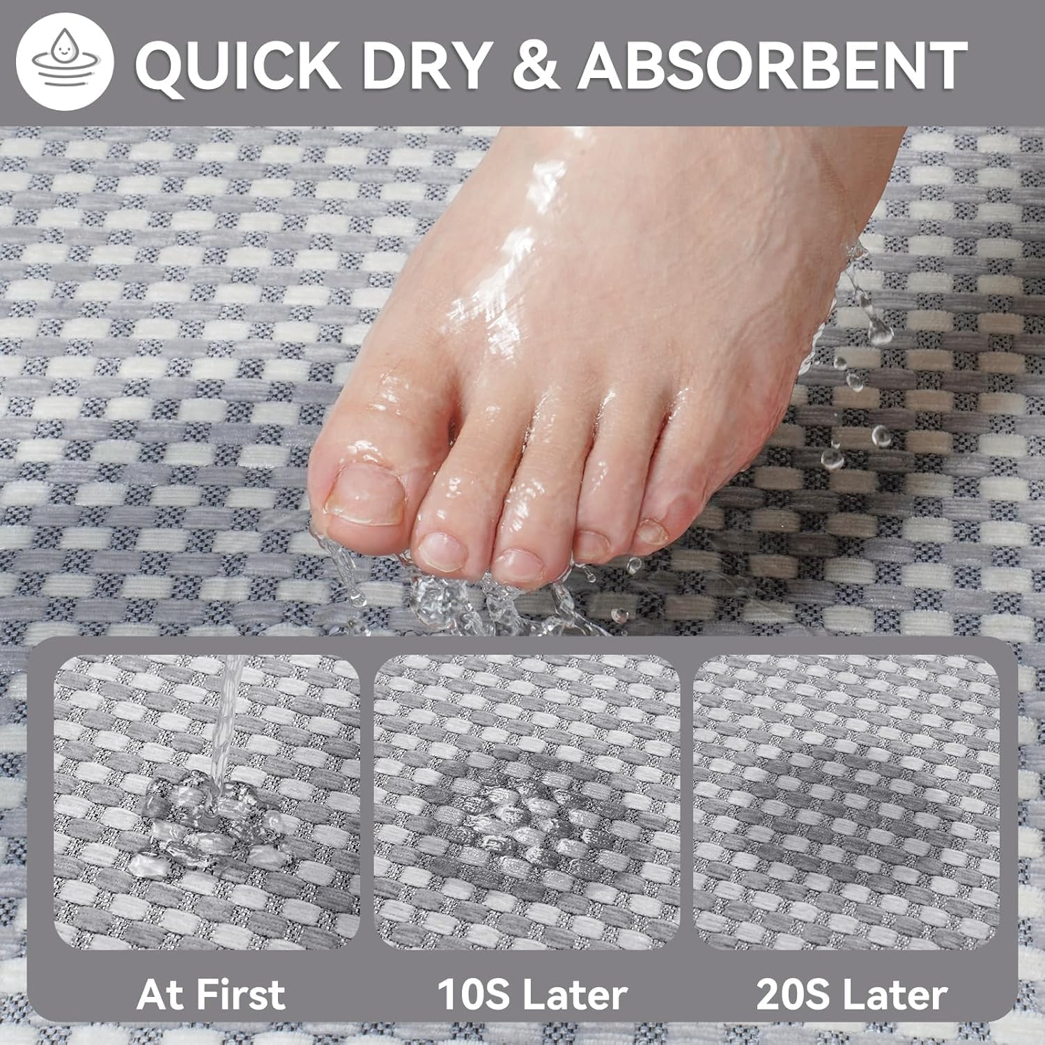 50 * 80Cm Absorbent Bath Mat, Rubber Non Slip Quick Dry Super Absorbent Thin Bathroom Rugs Fit under Door-Washable Bathroom Floor Mats-Shower Rug for in Front of Bathtub (Chenille Cross Grey) image number 6