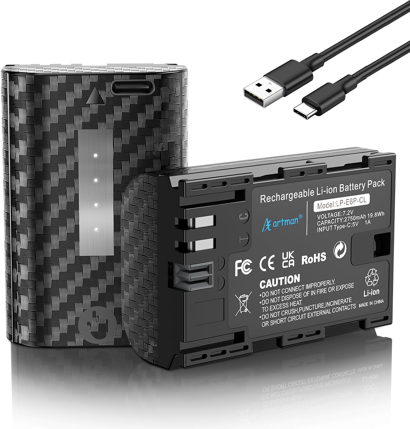 Artman 2750Mah LP-E6P Battery 2-Pack with Type-C Fast Charging for Canon EOS R R5 R5 II R6 R6 II R7 5D II III IV 5DS R 6D 6D II 7D 7D II 60D 60Da 70D 80D 90D Cameras (Black) image number 2