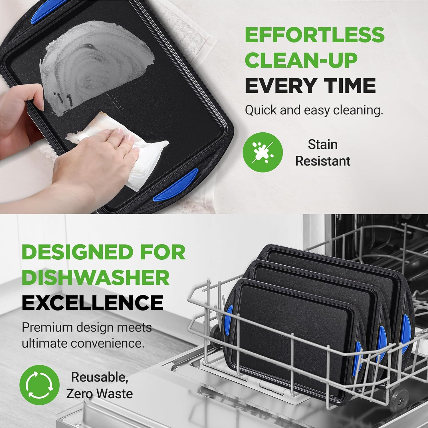 3 Piece Baking Pan Set - PFOA, PFOS, PTFE Free Flexible Nonstick Carbon Steel Bakeware Set - Home Kitchenbake Pan Cookie Sheet Stackable Baking Tray Set W/Blue Silicone Handles - NCBK3S image number 1