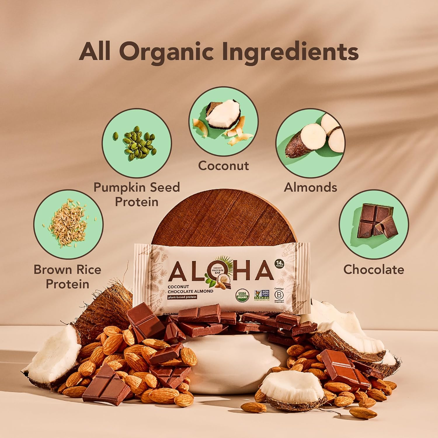 ALOHA Organic Plant Based Protein Bars, Coconut Chocolate Almond, 1.98-Ounce Bars (Pack of 12) image number 2