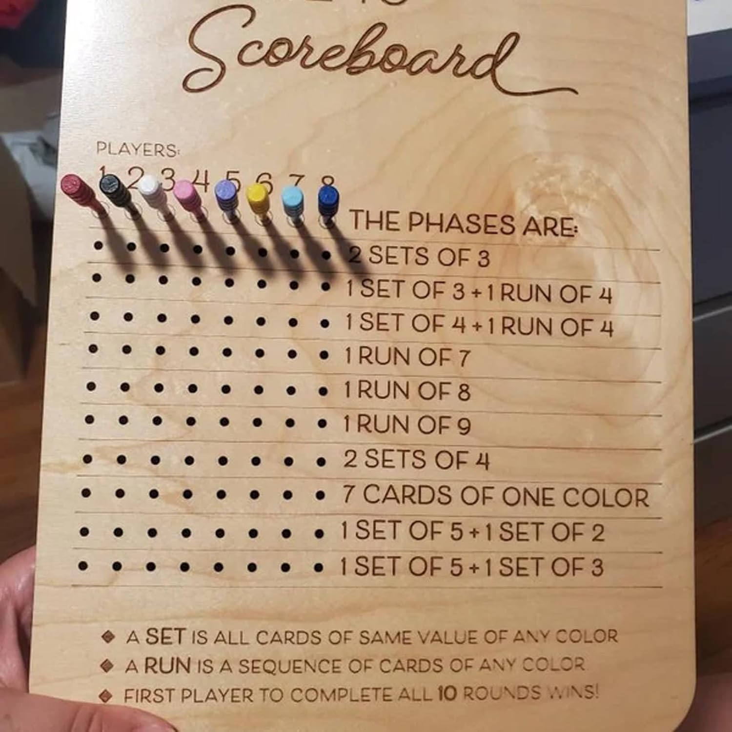 Phase 10 Score Board, Wooden Phase 10 Score Sheets with 8 Colored Pegs, 10 Scorecard and round Tracker, Classic Family Adults Board Card Games Night Table Score Boards (Scoreboards-1Pcs) image number 5