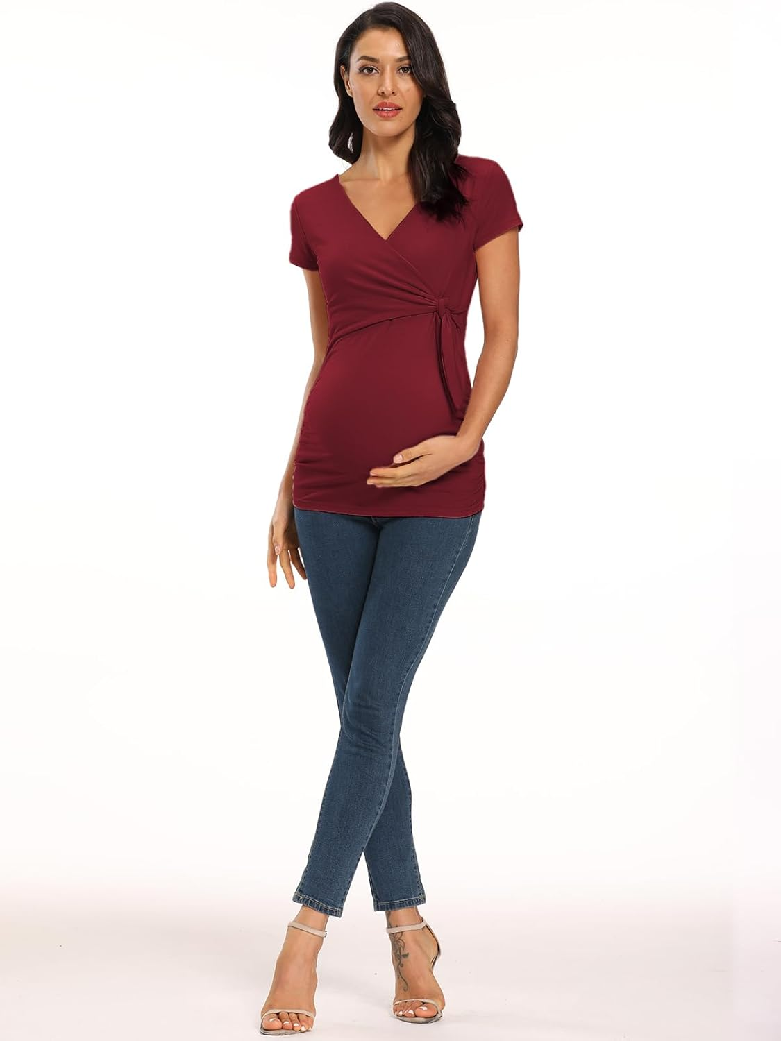 Ecavus Women'S Maternity Shirts 3 Packs Short Sleeve Tie Front Wrap Nursing Tops V Neck Pregnancy Clothes image number 2