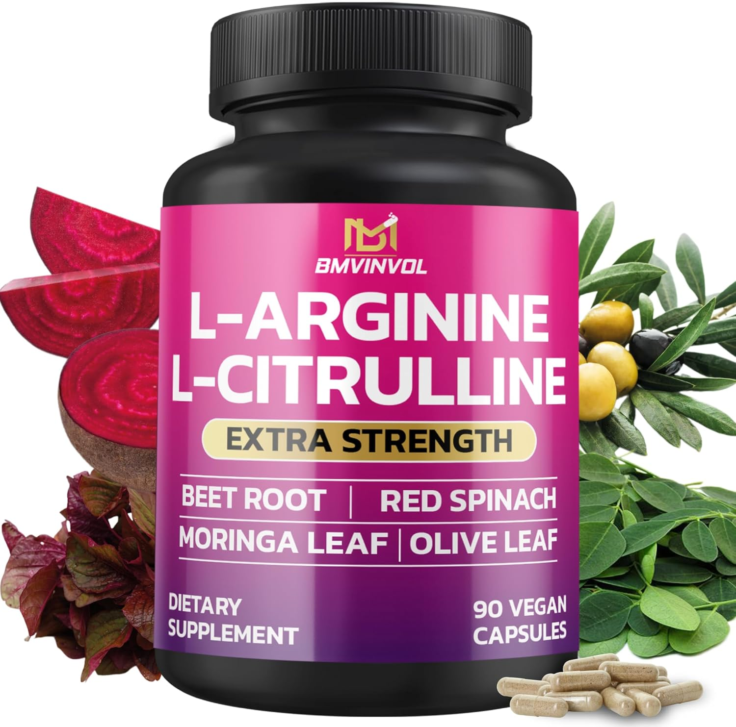 L Arginine L Citrulline Supplement plus Beet Root, Moringa, Olive, Red Spinach (30:1 Extract) for Support Energy Levels - 90 Capsules
