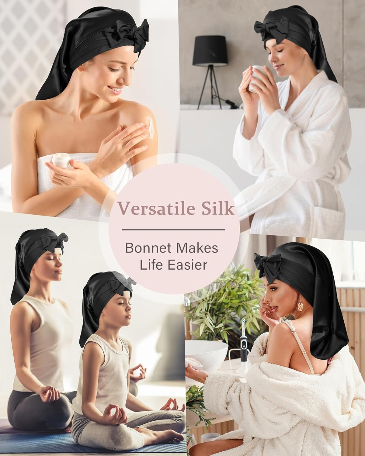 AWAYTR 100% Mulberry Silk Bonnet - Long Hair Cap for Sleeping Tie Band Bonnet for Braids Curly Hair - Brown image number 3