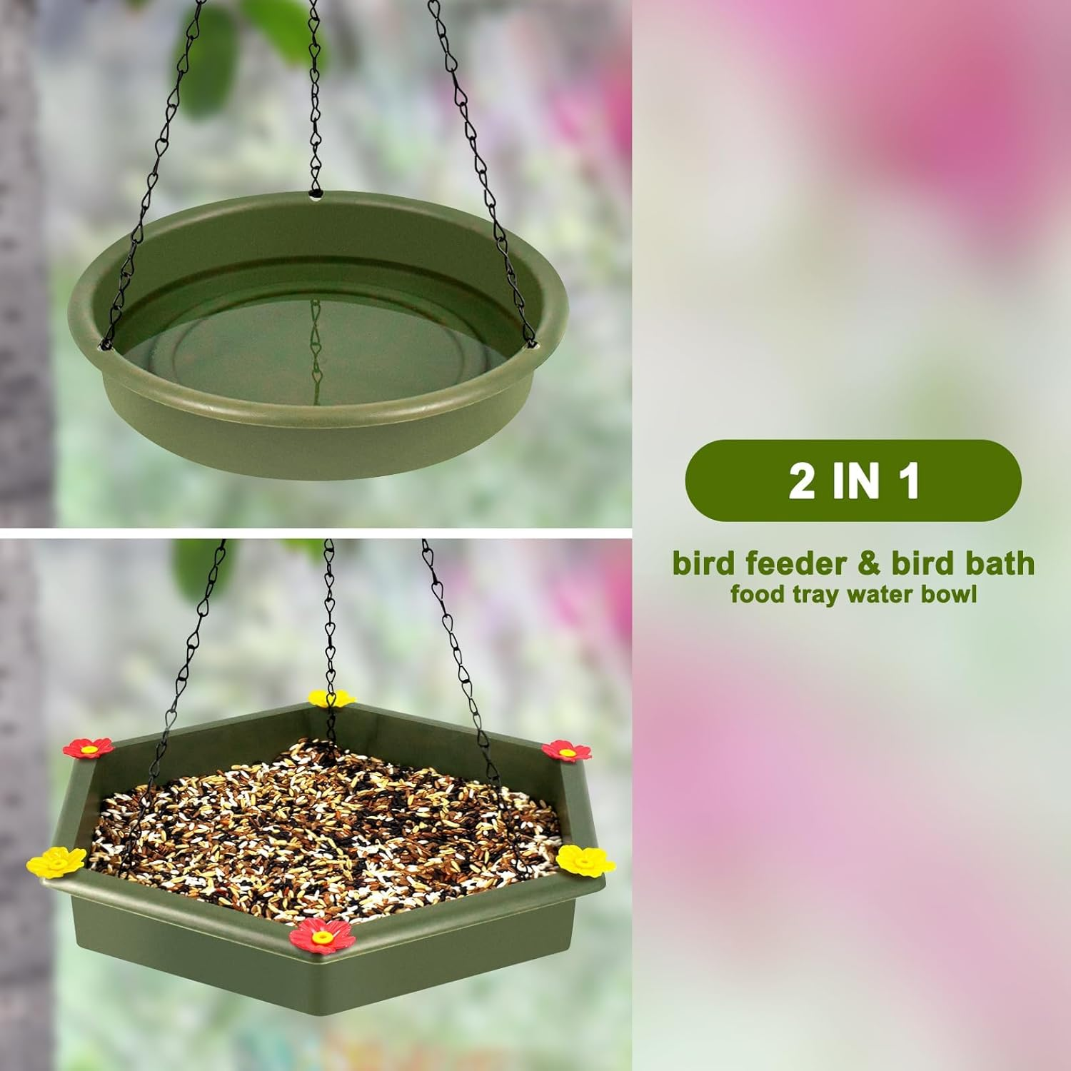 XXL Dual-Function Hanging Bird Bath & Feeder - Outdoor Tray for Garden Birds (Green)​ image number 1