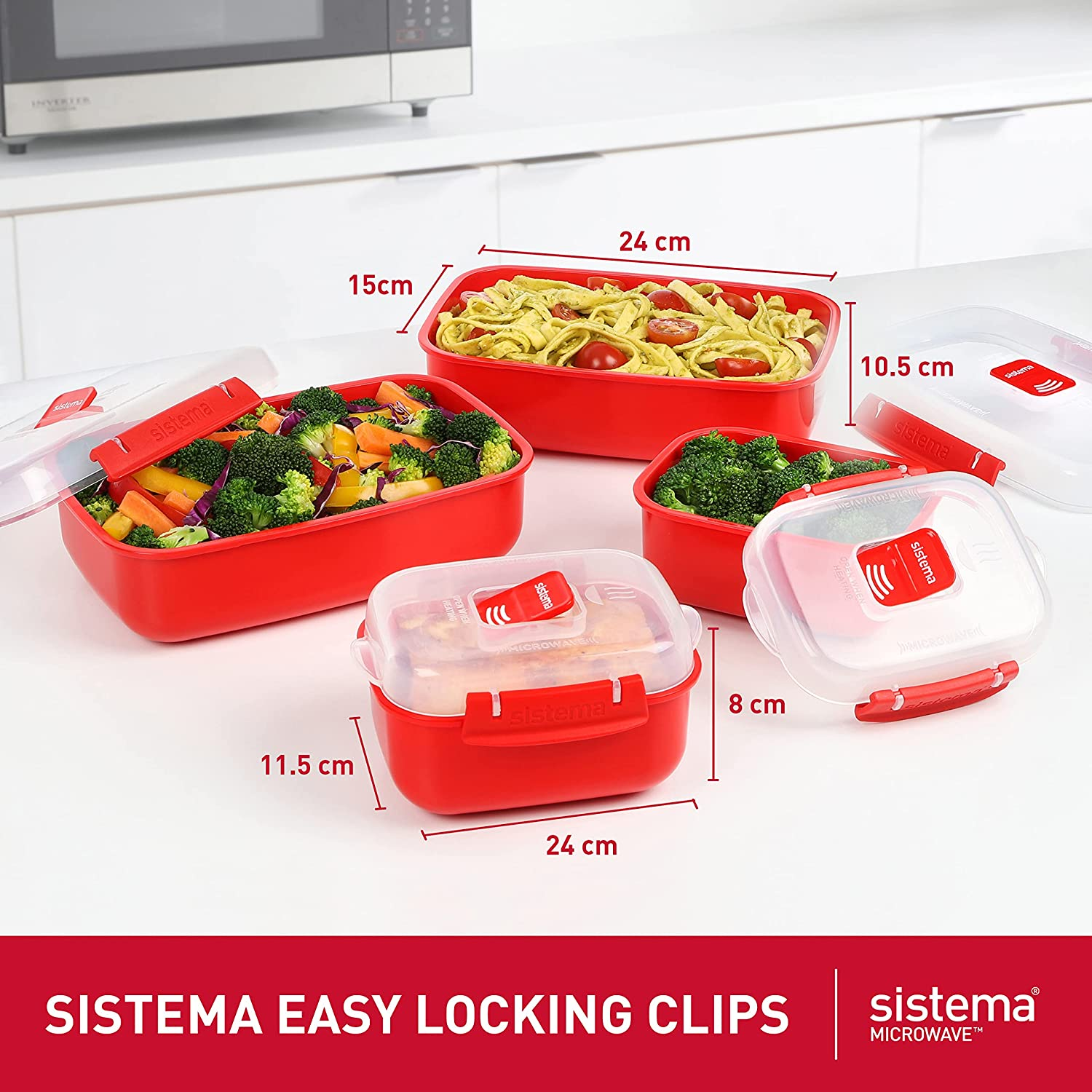 Sistema 82005 Heat and Eat Microwave Set 4 Rectangular Food Containers with Lids, Red, Clear(2X 1.25L and 2X 525Ml) image number 2