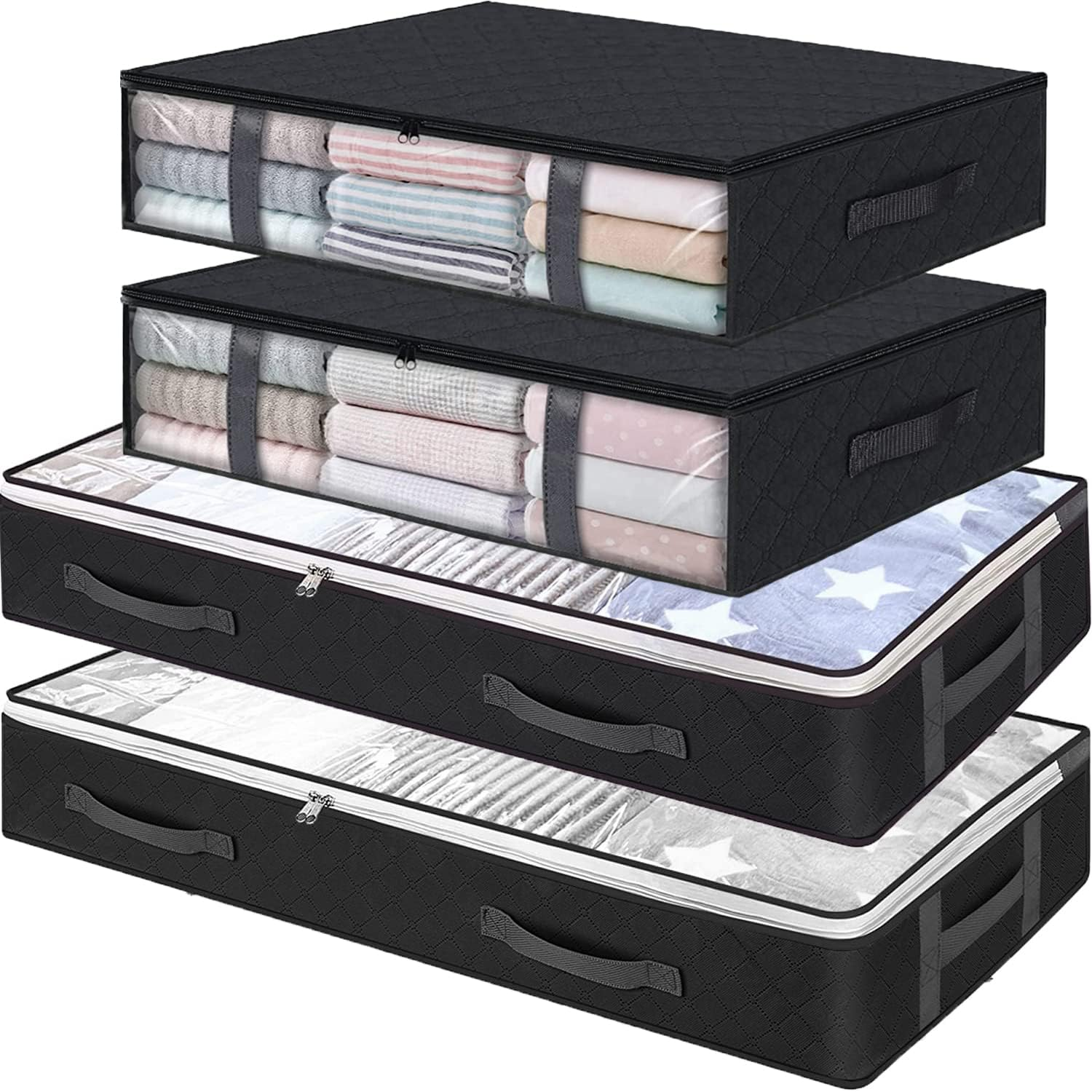 Under Bed Storage Containers, 4-Pack Large Capacity Underbed Storage Bags Organizer, Thick Fabric Storages Bins with Clear Window and Handles for Blanket, Comforter, Bedding, Clothes, Black