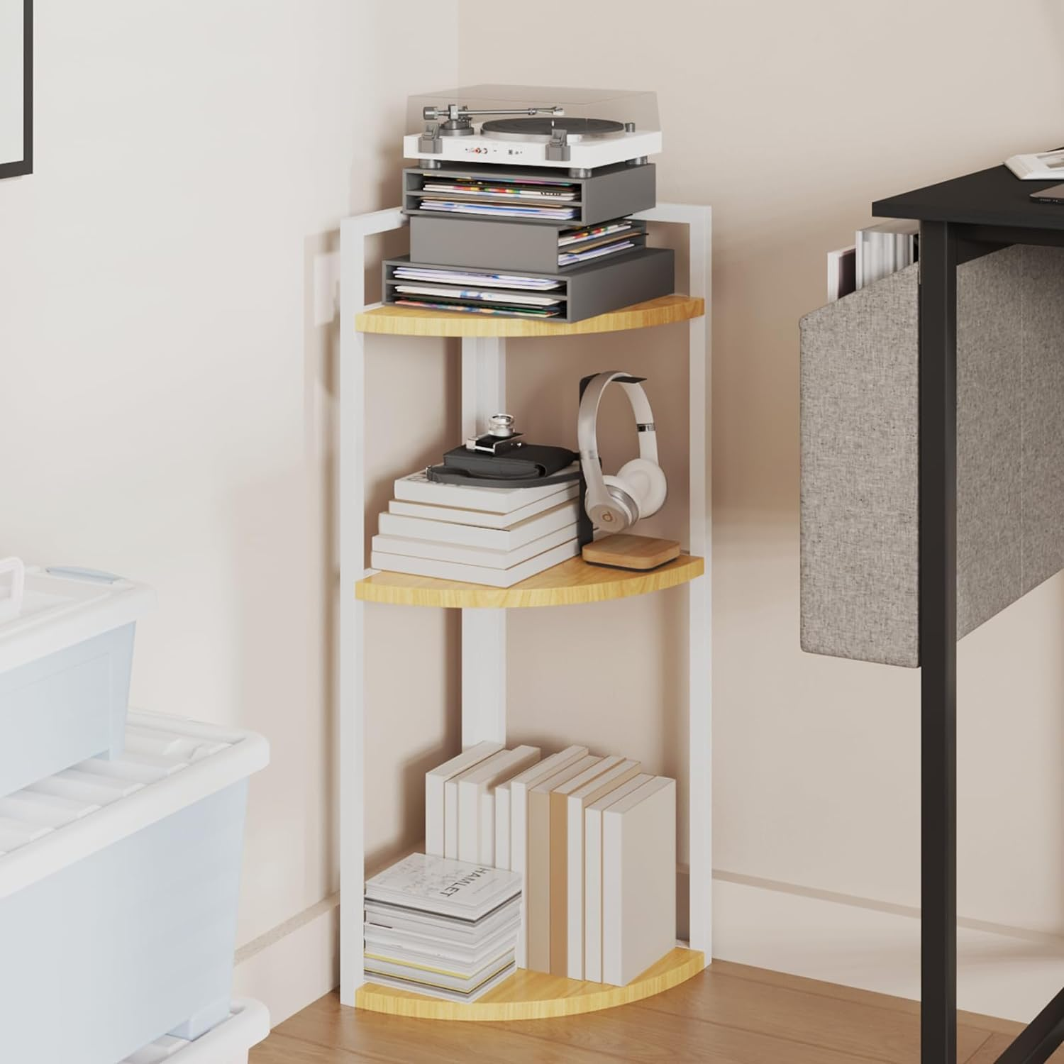 Joiena 3-Tier Desktop Bookshelf, Corner Shelf, Multipurpose Corner Display Rack Industrial Storage Corner Shelving for Bedroom, Living Room, Kitchen, Small Space (White) image number 2