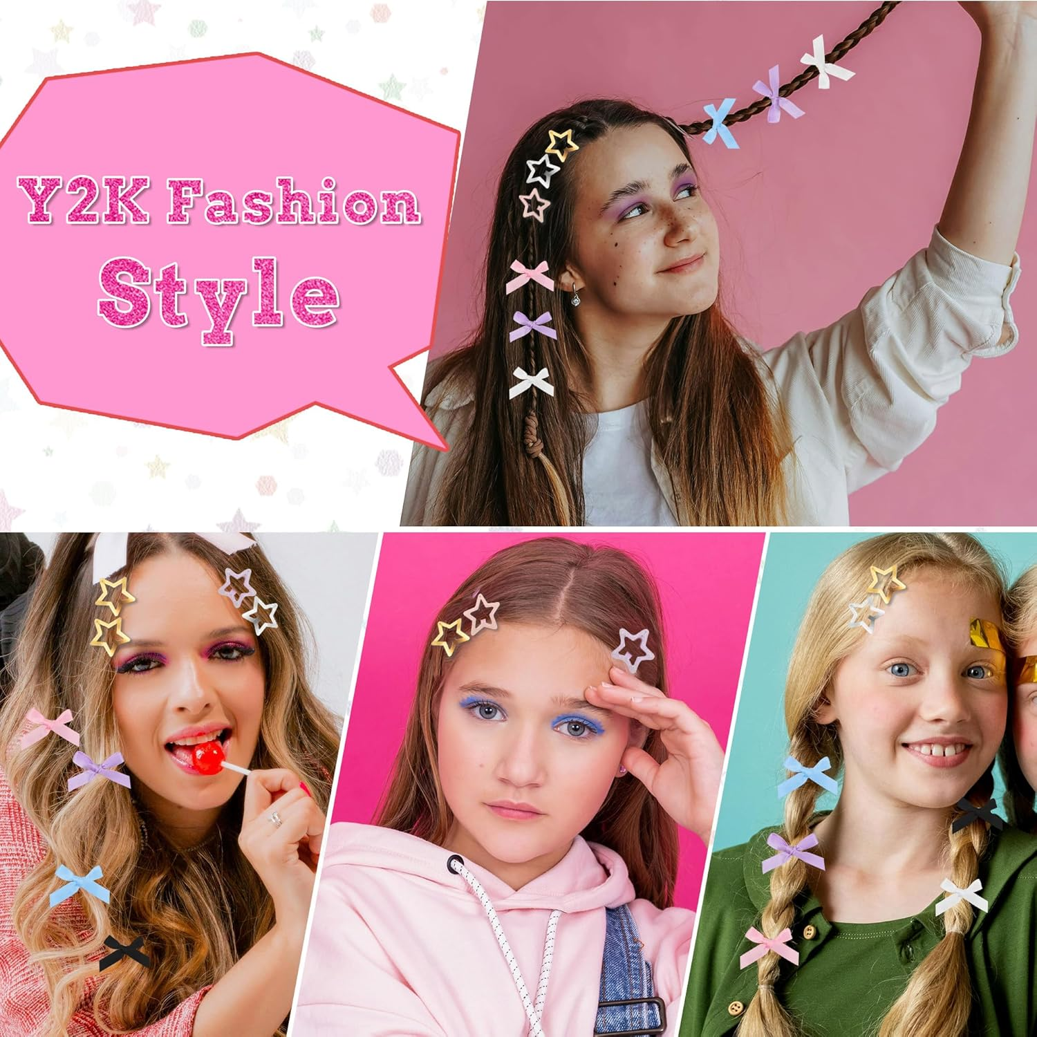 25 PCS Small Hair Bows, 30 PCS No Slip Star Hair Clips, Cute Bow Hair Clips for Women, Metal Star and Satin Bow Barrettes for Hair Decor (Colorful)