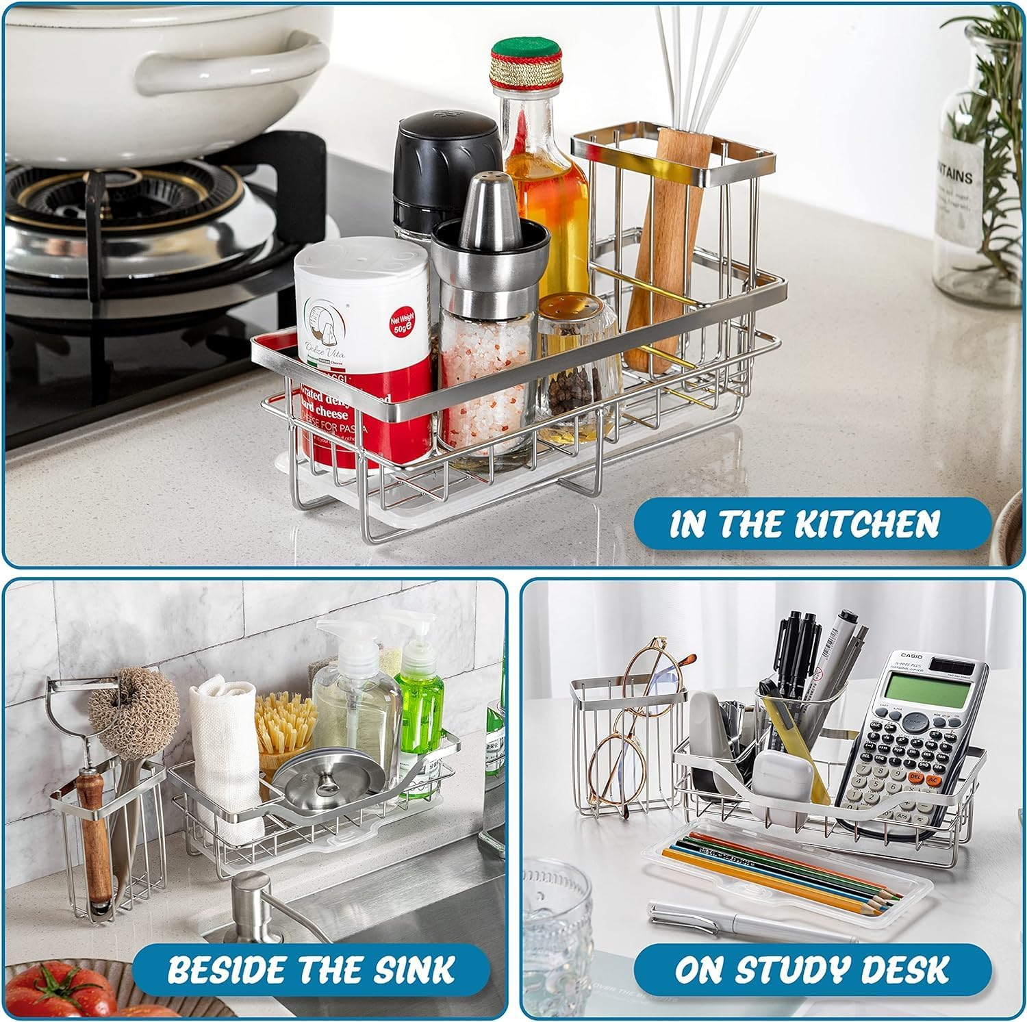 COCOBOSS Sink Organiser, Kitchen Sink Sponge Holder, Premium Stainless Steel Sink Organiser Kitchen with Removable Drip Tray and Non-Slip Strips, Silver (22 X 9 X 13 Cm) image number 4