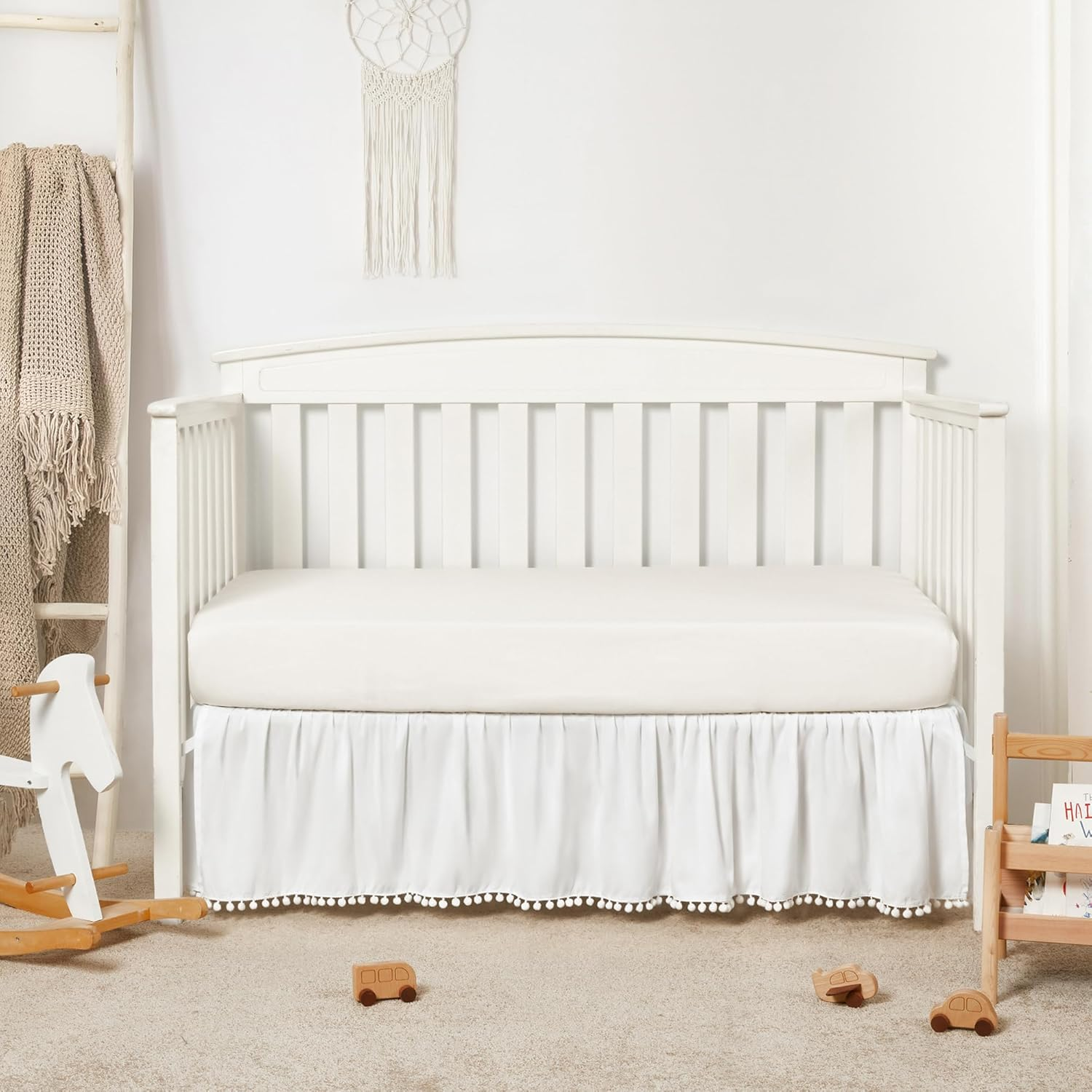 TILLYOU Baby Crib Skirt Girls Boys, Ruffled Bed Skirt with Pompoms, 28&rdquo;X 52&rdquo;, 14'' Drop, White image number 5