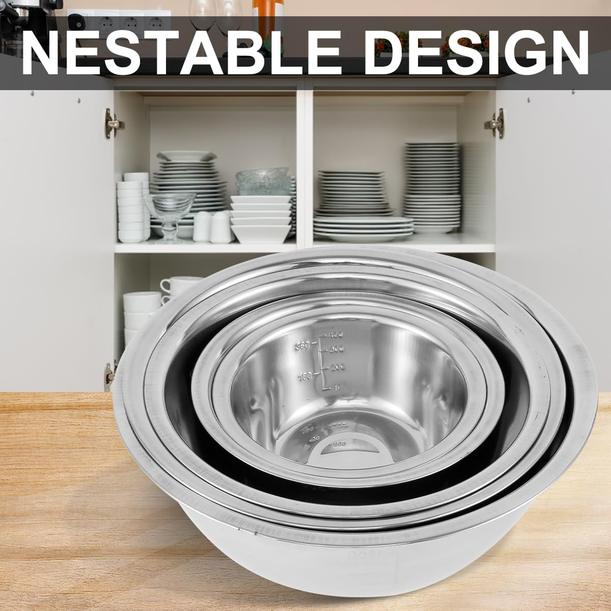 Stainless Steel Mixing Bowl Set of 5 with Measurement Markers Multipurpose Soup Basin 5 Sizes Space Saving Nesting Bowls Metal Kitchen Bowl for Baking Food Storage (0.5L,0.8L,1.55L,2.1L,2.6L) image number 5