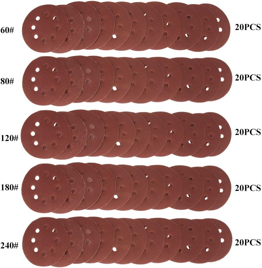 Valuehall 100 PCS Sanding Discs Pads 5 Types 125Mm Sander Pad, Hook and Loop 60# 80# 120# 180# 240# Sandpaper Assorted V7036-3 image number 1