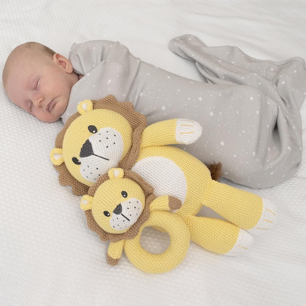 Knitted Toy for Babies Breathable Premium Knit Fabric- 38Cm Large Cotton Stuffed Animal Soft Plushie Rattle for Babies Newborn Baby & Nursery Decor (Lion) image number 1