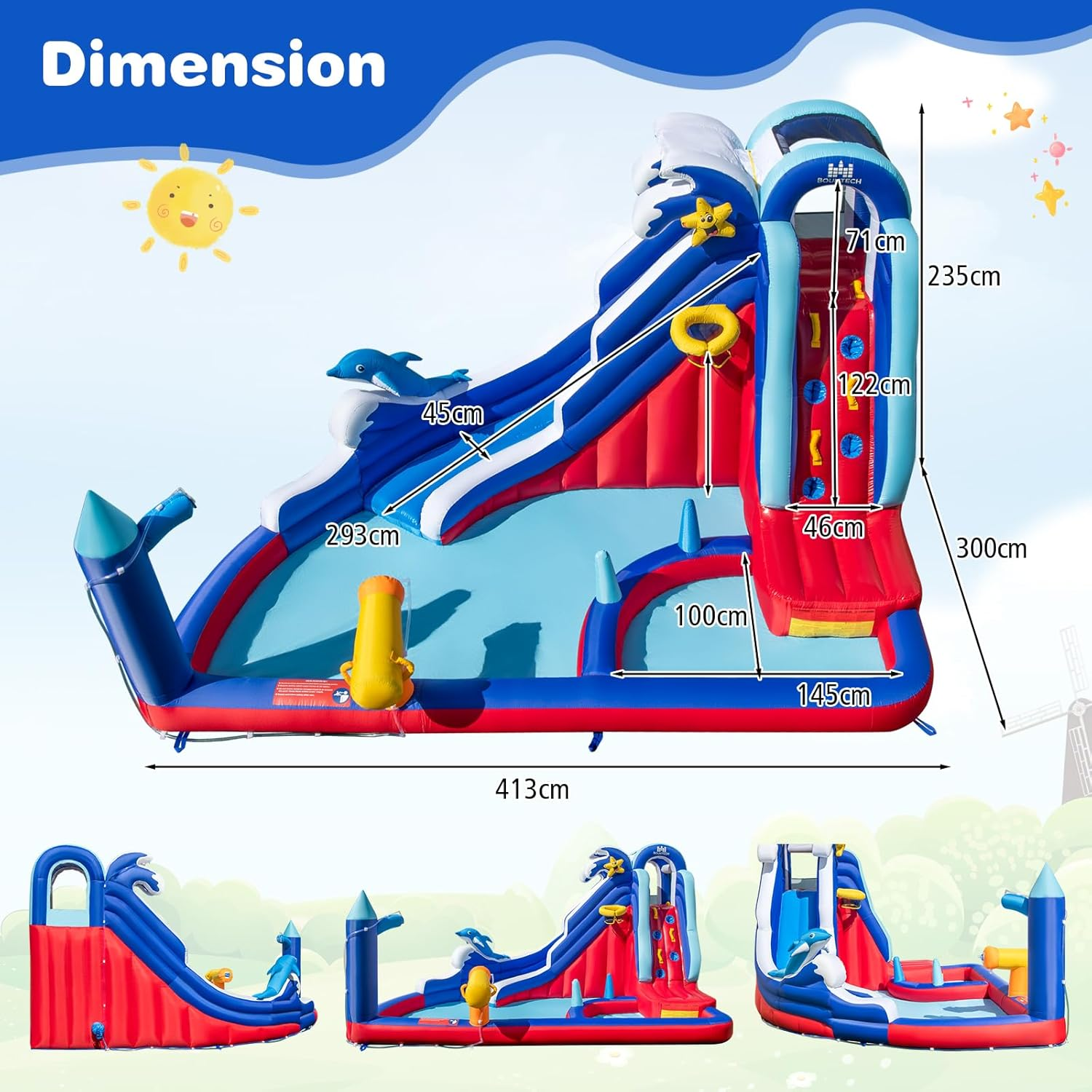 HONEY JOY Inflatable Water Slide, Dolphin Theme Kids Bounce House Water Park W/Long Slide, 2 Splash Pools, Climbing Wall, Water Gun, Basketball Rim, Ring-Toss, Outdoor Jumping Castle with 680W Blower image number 6