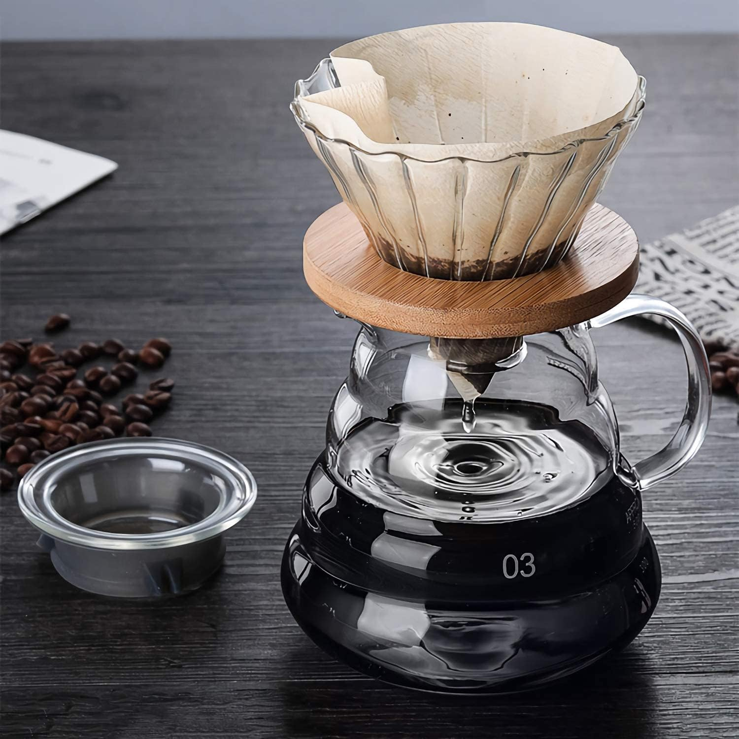 Glass Coffee Dripper, V60 Pour over Coffee Dripper with Bamboo Wood Base, Slow Brewing Accessories for Home Cafe Restaurants, 1-4 Cups image number 4