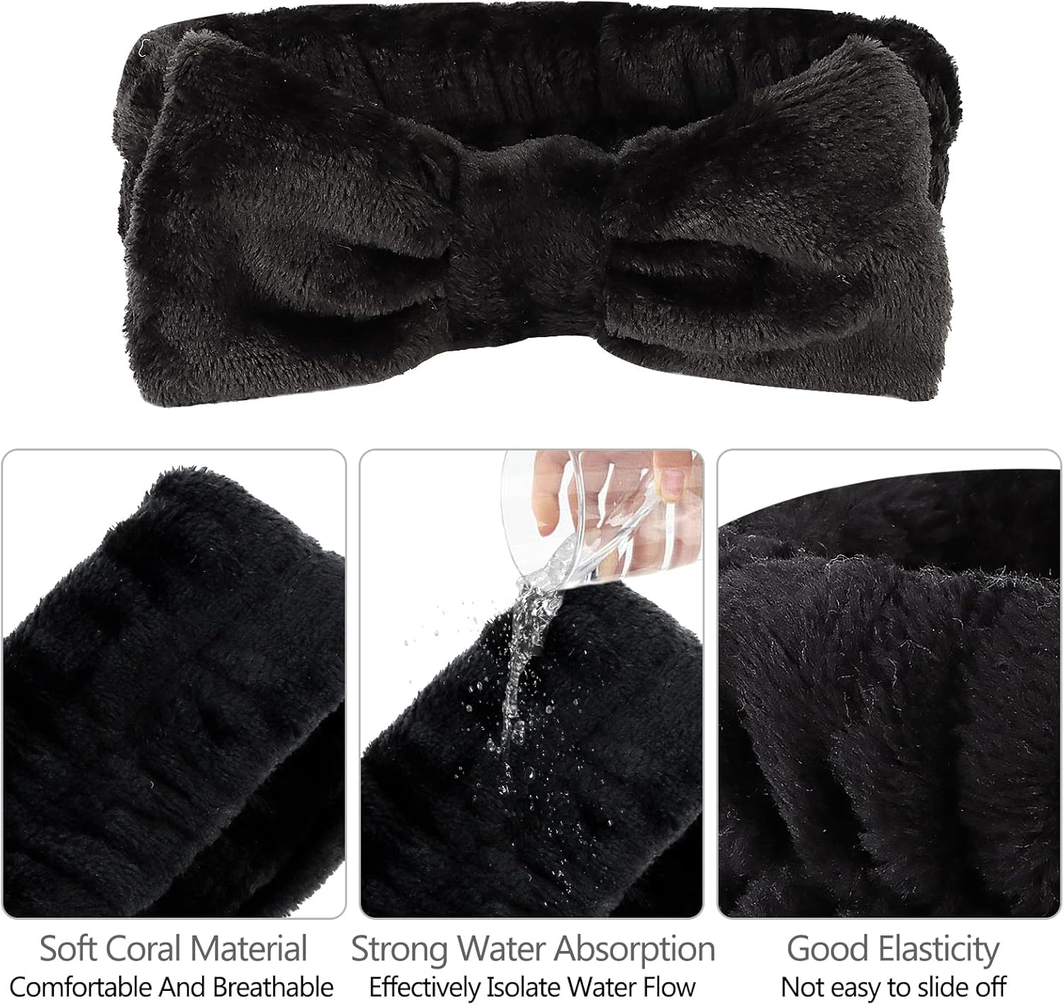 Casoty 6 Pcs Black Microfiber Hairband Set Soft Coral Fleece Material, Good Elasticity, Wide Application for Makeup Headband, Yoga, Reading, Work, Halloween Costume, Pajama Parties